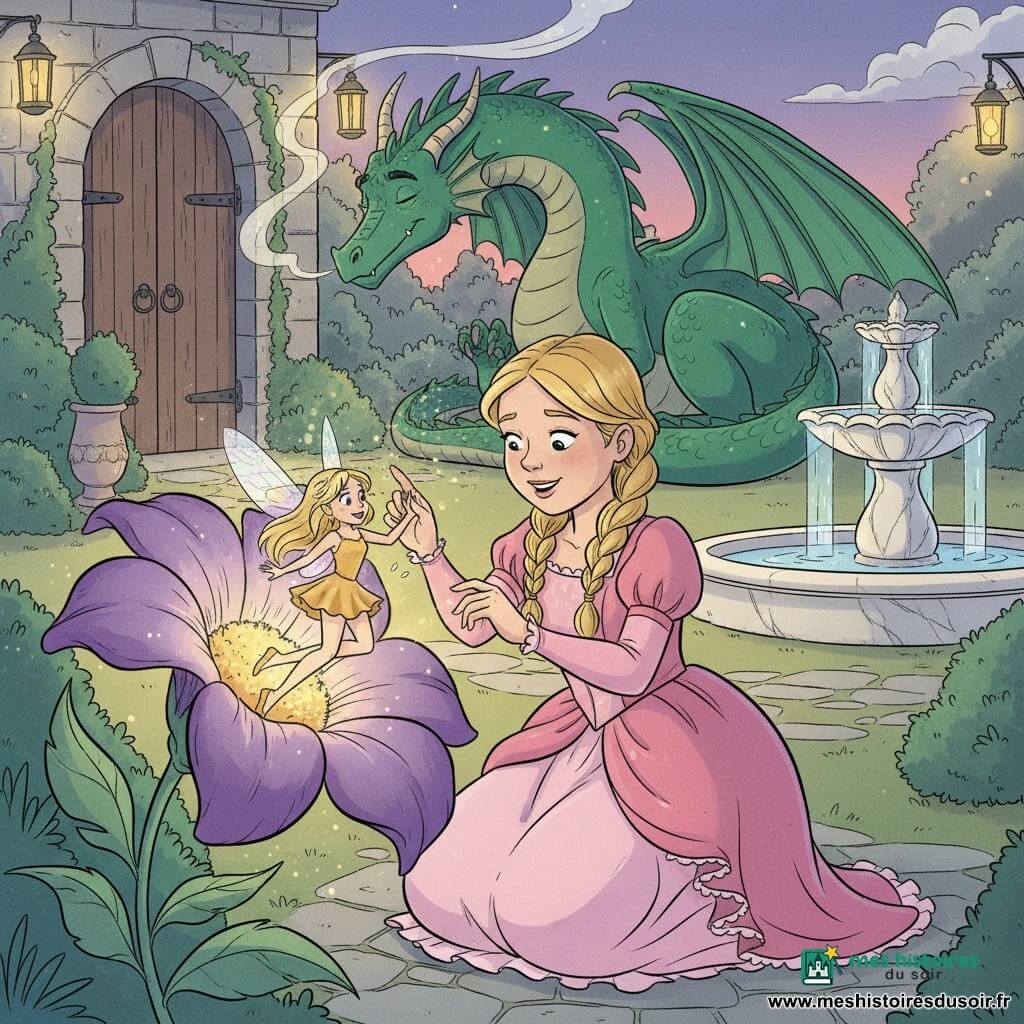 Princesse d'environ 12 ans, visage rond et souriant, cheveux blonds tressés, agenouillée qui ouvre délicatement une grande fleur violette d'où jaillit une petite fée Lila blonde aux ailes irisées dans une pose joyeuse; un grand dragon vert émeraude endormi près d'une porte de pierre couverte de lierre; jardin de château au crépuscule avec allées pavées, fontaine en marbre et lampions, lumière dorée et atmosphère chaleureuse et pleine d'espoir.