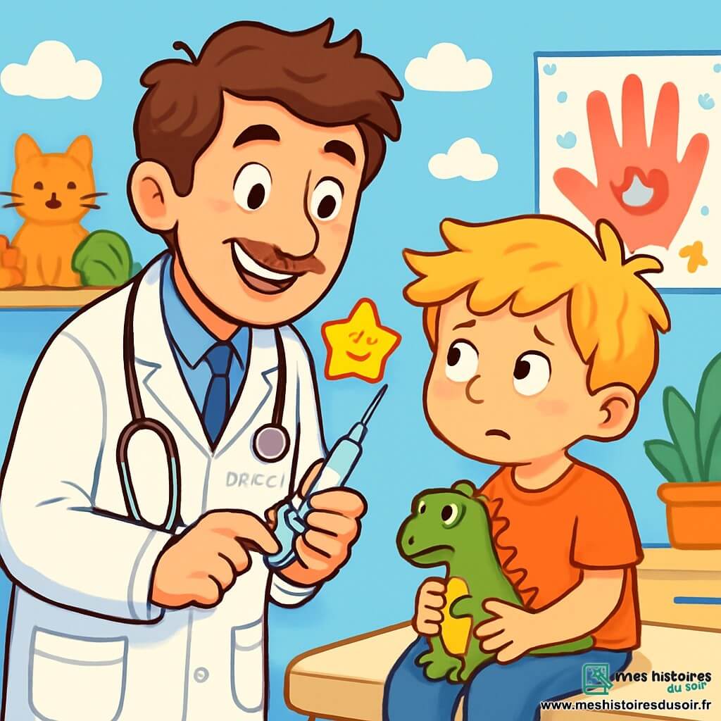 Un médecin, Dr Pascal, souriant et chaleureux, porte une blouse blanche et un stéthoscope. Il examine un petit garçon d'environ 6 ans, aux cheveux blonds en bataille, qui tient un jouet dinosaure. Le cabinet médical est lumineux, avec des murs bleu clair décorés de dessins d'animaux. Dr Pascal rassure le garçon avant une piqûre en lui montrant un autocollant étoile qu'il lui offrira. L'atmosphère est chaleureuse et ludique, remplie de couleurs vives.