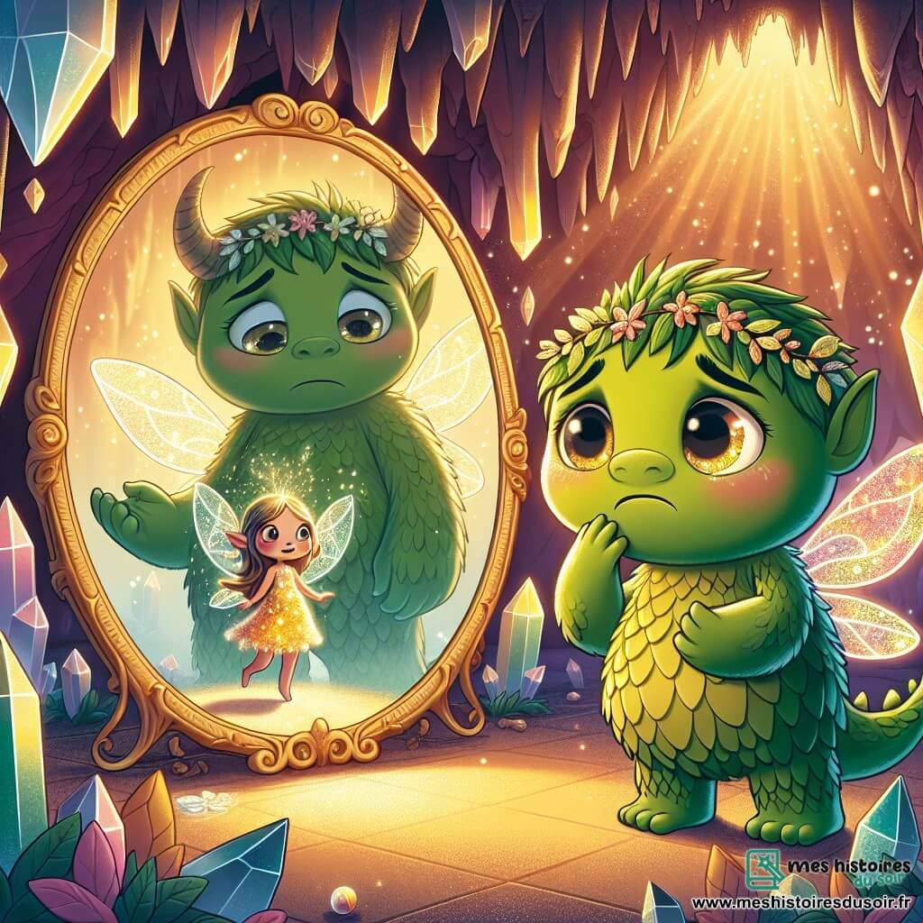 Au centre de l'image, Grumbo, un grand monstre à la peau verte écaillée et aux grandes oreilles en forme de feuille, regarde avec tristesse un miroir ancien entouré de cristaux scintillants. À sa droite, Lila, une petite fée aux ailes brillantes et à la robe de pétales colorés, flotte avec un sourire encourageant, prête à le soutenir. En arrière-plan, une caverne majestueuse avec des murs ornés de cristaux crée une atmosphère magique. Grumbo, le cœur battant, observe le miroir magique tandis que Lila l'encourage à croire en lui, symbolisant l'espoir et la découverte de soi.