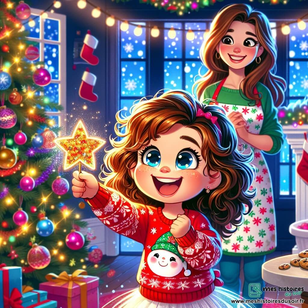 Une petite fille de 4 ans, Lisa, sourit en tenant une étoile scintillante. Elle porte un pull rouge à motifs de flocons de neige et une jupe en tulle blanche, devant un sapin de Noël décoré. Sa maman, d'environ 30 ans, avec des cheveux longs et un tablier de Noël, prépare des biscuits à côté d'elle. La scène se déroule dans un salon chaleureux, avec un sapin illuminé, des chaussettes à la cheminée, et des flocons de neige tombant à l'extérieur. Lisa, joyeuse, vient de retrouver l'étoile du sapin, prête à l'accrocher au sommet.