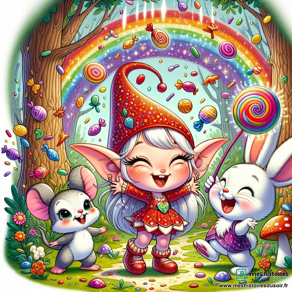 Lili la Lutinette, petite créature aux oreilles pointues, porte un chapeau rouge et des chaussures qui font "pouet-pouet". Elle danse sous une pluie de bonbons colorés, les bras levés. À ses côtés, Pif le Lapin Magique, avec son pelage blanc et ses grandes oreilles, rit en faisant tourner sa baguette pour créer des arcs-en-ciel, tenant une pomme rouge. Nina la Souris, mignonne avec son pelage gris, peint des feuilles en violet sur un arbre voisin, ajoutant des touches de couleur. La scène se déroule dans une forêt enchantée, où les arbres majestueux et les fleurs dansent autour d'eux, créant une atmosphère joyeuse et magique.