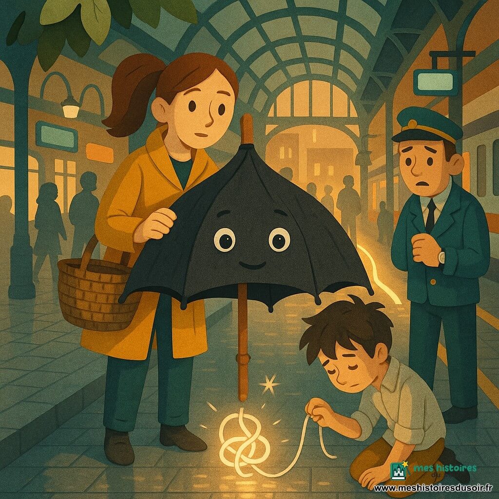 Un grand parapluie anthropomorphe noir en tissu texturé, poignée en bois craquelée, ouvert comme une petite tente avec une expression douce et déterminée et yeux cousus brillants, bloque un passage lumineux au centre d’un quai de gare. Mado, jeune femme aux cheveux châtain en queue-de-cheval, manteau moutarde et panier tressé, se tient juste derrière, la main sur la poignée, soulagée et attentive. Un apprenti-magicien mince, cheveux ébouriffés et chemise froissée, est à genoux en train de détendre un fil argenté autour d’un nœud de lumière, honteux mais concentré. Un contrôleur, montre-bracelet visible, observe, préoccupé mais reconnaissant. Le quai urbain présente arches de verre stylisées, trottoirs pavés, panneaux lumineux colorés, arbres feuillus formant une frange, et reflets doux sur le sol mouillé. Au centre, un couloir lumineux mi-magique mi-électrique avec une corde de lumière nouée scintille et se détend lentement, tandis que des voyageurs aux silhouettes arrêtées montrent surprise puis soulagement. Ambiance cosy de fantasy urbaine, couleurs chaudes et contrastées (moutarde, teal, noir, argent), textures papier découpé et éclairage doux de fin d’après-midi, composition centrée et lisible pour enfants.