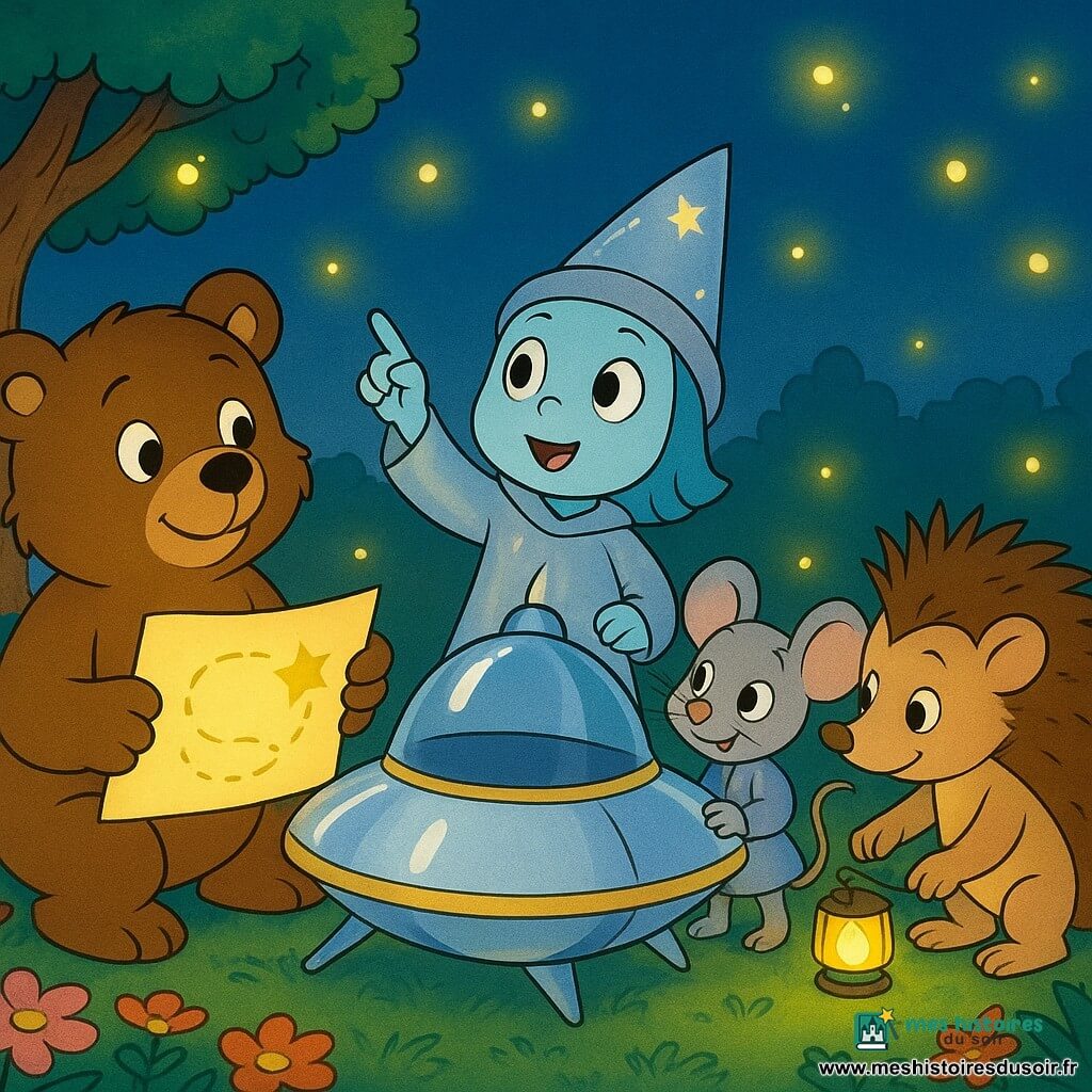 Malo l'ours, avec une fourrure douce et brune, tient une carte lumineuse. À côté de lui, Luma, une petite fille extraterrestre, pointe vers le ciel. Mimi la souris, avec un air espiègle, tient une lampe artisanale. Gaspard le hérisson examine une boîte à outils. Ils sont réunis autour d'un vaisseau brillant, entre des fleurs et un pommier. Le jardin, baigné de lumière douce avec des lucioles, crée une atmosphère magique. La scène montre les amis unissant leurs efforts pour réparer le vaisseau.