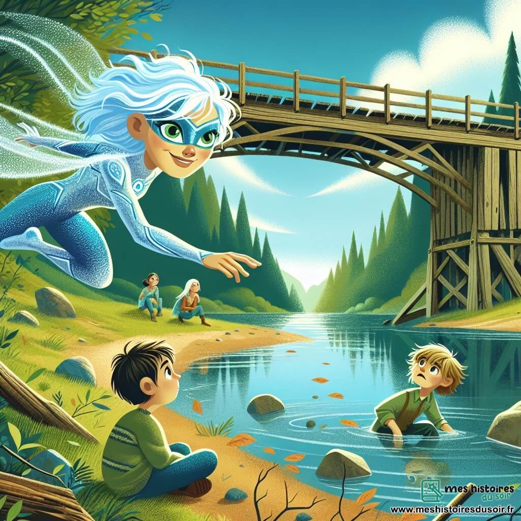 Nova, une jeune femme aux cheveux bleu électrique, flotte avec un sourire déterminé, ses yeux verts pétillants de courage. Elle porte un costume scintillant et tend les bras vers un petit garçon effrayé, coincé sous un vieux pont en bois. Le garçon, âgé d'environ 7 ans, avec des cheveux bruns en désordre et des yeux pleins de larmes, regarde Nova avec espoir. Il est assis sur le sol, entouré de feuilles et de pierres, tandis que sa famille, composée de deux jeunes filles et d'une mère inquiète, observe la scène. Le cadre est une rivière paisible, avec des eaux scintillantes et des arbres verdoyants, créant une atmosphère sereine. Nova, héroïque et pleine de compassion, s'apprête à soulever le petit garçon, symbolisant l'espoir et l'amitié dans un monde de super-héros.
