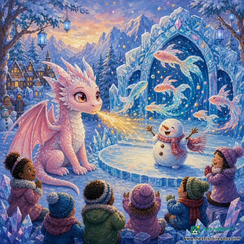 Un petit dragon nommé Aurore, doux et émerveillé, souffle un souffle doré ; ses écailles rose pâle aux reflets givrés et ses yeux couleur d'aube brillent, ailes repliées, assis près d'un petit théâtre de glace où il fait danser des poissons-lumière translucides irisés bleu et saumon qui sautent en arcs au‑dessus d'une piste glacée en laissant des traînées d'étincelles. Un bonhomme de neige rond, boutons redevenus souriants, lève les bras en riant, écharpe effilochée virevoltant devant le théâtre. La scène se déroule dans un village de vallée enneigée — sapins givrés, lanternes bleues, cristaux scintillants et flocons comme confettis — et montre la joie retrouvée du village avec Aurore au centre, geste de gentillesse et magie douce, palette froide rehaussée de touches dorées. Style : acrylique texturée, coups de pinceau visibles, couleurs contrastées et lumière scintillante, composition claire et centrée pour enfants.
