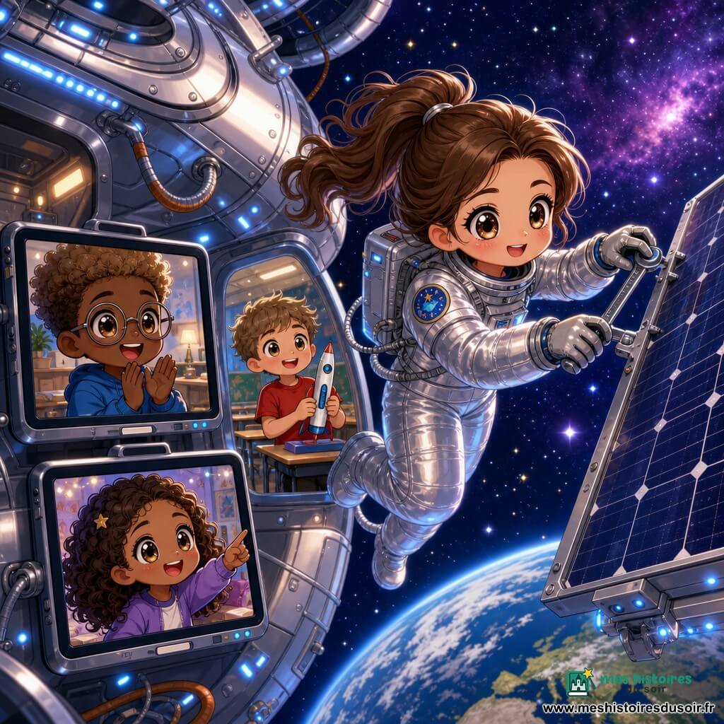 Camille, astronaute d'environ 30 ans, souriante et déterminée, cheveux bruns en queue de cheval flottante, en combinaison spatiale argentée ajuste un panneau solaire en apesanteur ; sur des écrans à l'intérieur de la station, Lucas (11 ans, lunettes) applaudit émerveillé, Emma (11 ans, cheveux bouclés) pointe la fenêtre et Timothée (12 ans, tee-shirt rouge) tient une maquette de fusée, le tout devant l'extérieur d'une station spatiale aux panneaux solaires, la Terre visible en arrière-plan et un ciel étoilé, contraste entre le froid spatial et la chaleur colorée des écrans.