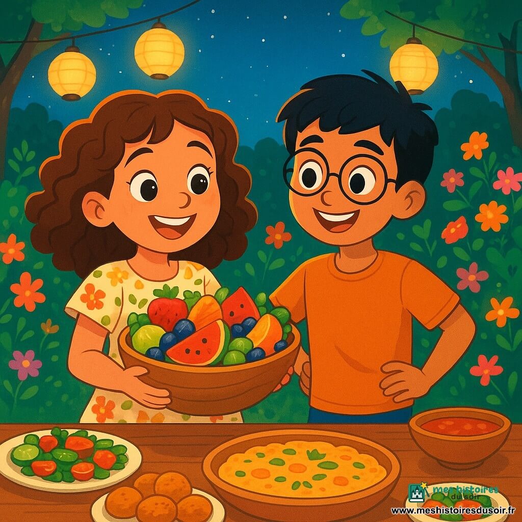 Léa, une fille de 8 ans aux cheveux bruns bouclés et aux yeux pétillants, tient un saladier de fruits colorés devant une grande table en bois. Elle porte une robe légère à motifs floraux et sourit avec excitation. À côté, son ami Samir, également âgé de 8 ans, avec des cheveux noirs et des lunettes rondes, admire la salade, les mains sur les hanches. La scène se déroule dans un jardin enchanteur, éclairé par des lanternes et entouré de fleurs colorées. La table est dressée avec des plats appétissants, et l'ambiance est joyeuse. Léa et Samir s'apprêtent à partager la salade de fruits avec leurs proches sous le ciel étoilé, créant une atmosphère festive.