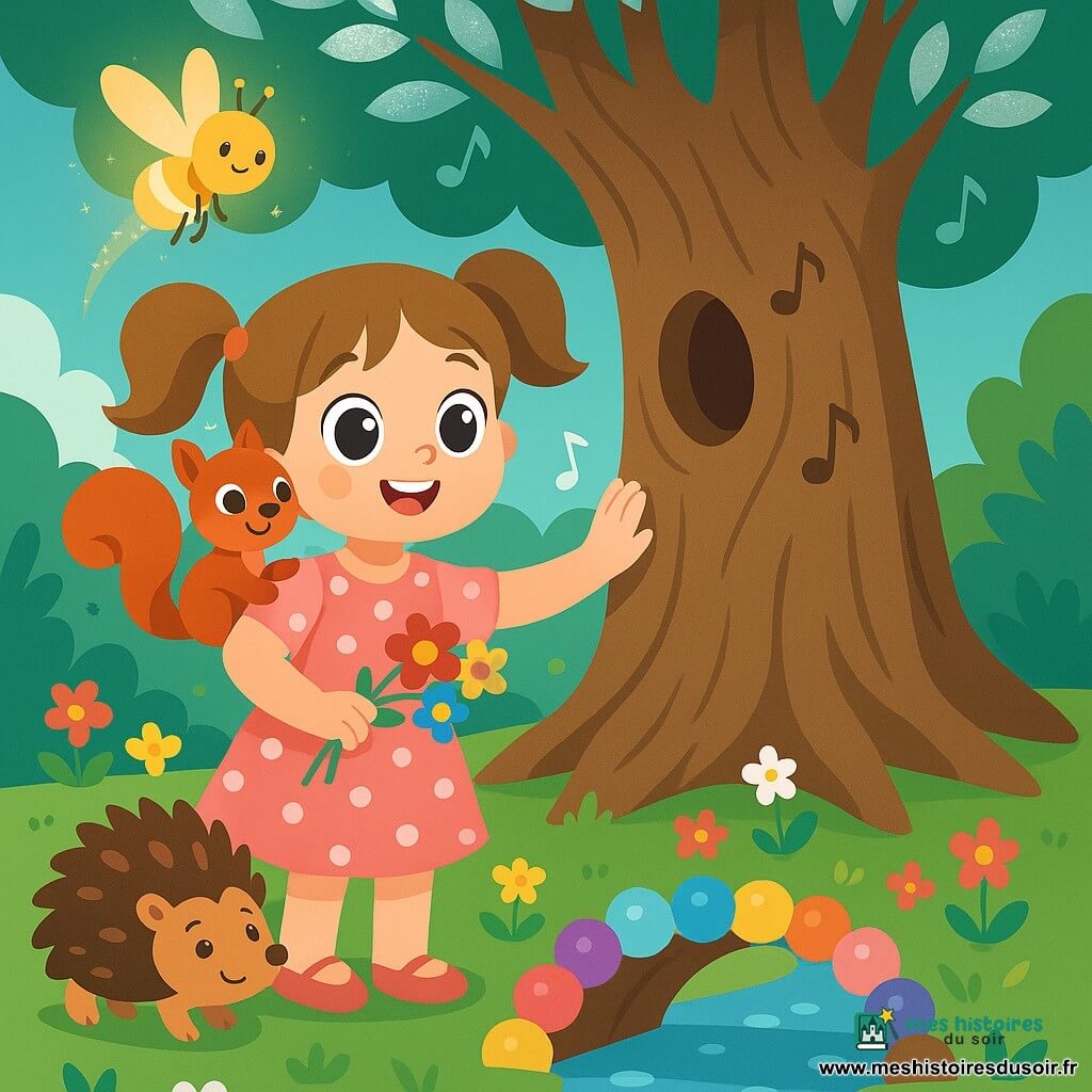 Lila, 6 ans, souriante et émerveillée, cheveux châtain clair en deux couettes, porte une robe rose à pois blancs, pose une main sur l'écorce douce d'un immense arbre chantant au tronc large et creux et tient des fleurs multicolores; Noisette, un écureuil roux aux yeux vifs, est sur son épaule gauche, Picpic, un petit hérisson brun aux piquants arrondis, se tient devant elle, et Luciole, une fée-lampe dorée comme une luciole, vole au-dessus en laissant une traînée lumineuse; des racines torsadées, des feuilles argentées scintillantes et des petites fleurs entourent l'arbre, une rivière de bulles forme un pont menant au tronc; ambiance joyeuse et magique, couleurs vives et douces, contours nets et éléments simples pour un enfant.