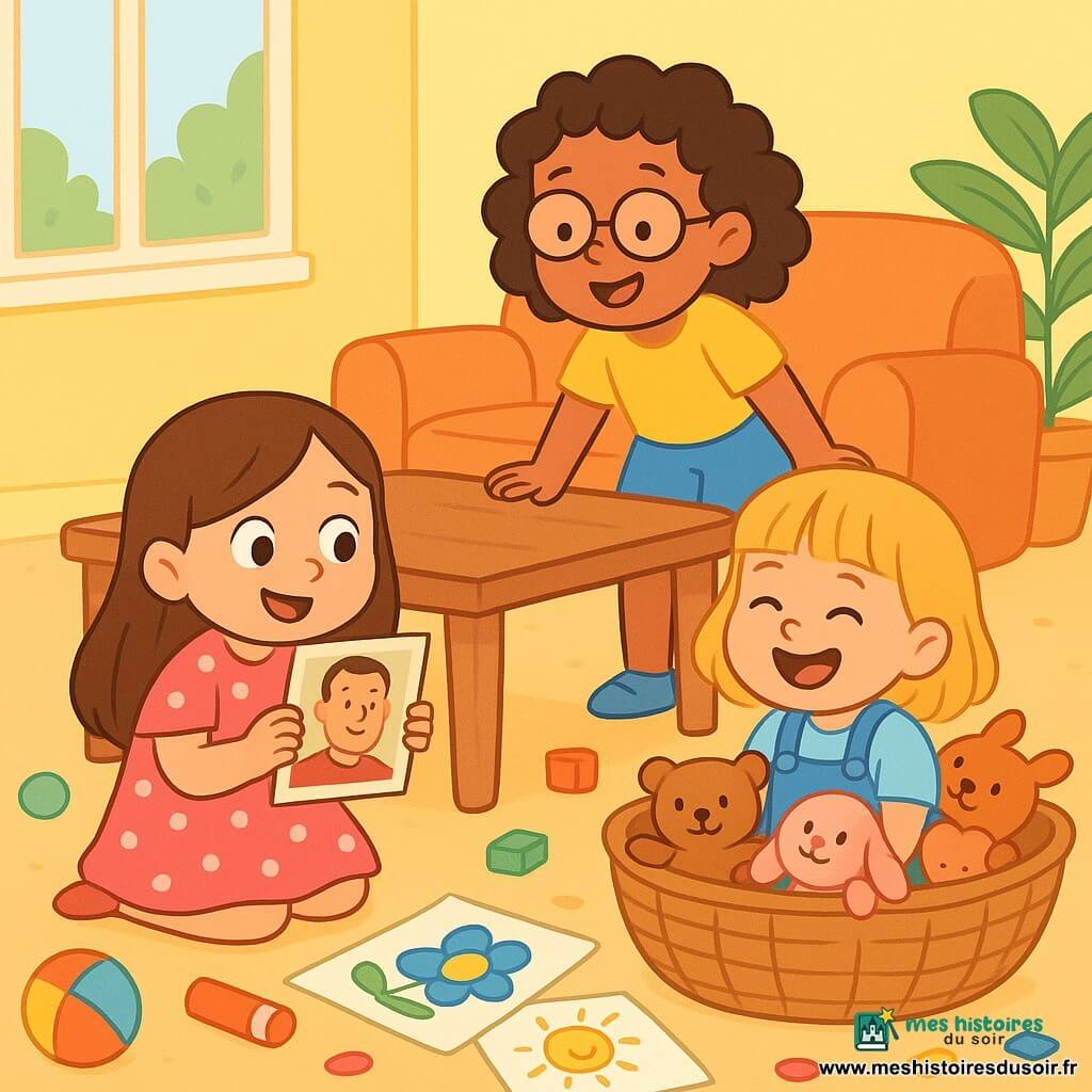 Il y a trois petites filles : Lila, 3 ans, avec de longs cheveux bruns, une robe rose à pois blancs, cachée sous une table en bois avec une vieille photo ; Maya, 3 ans, cheveux bouclés, lunettes rondes, t-shirt jaune et short bleu, cachée derrière un canapé moelleux, souriant à Lila ; Zoé, 3 ans, cheveux blonds avec frange, en salopette en denim, dans un panier à jouets entourée de peluches, riant. La scène se déroule dans une salle de séjour lumineuse aux murs jaunes, avec un canapé confortable, une table en bois et des jouets au sol. Les filles découvrent une photo de leur papa et préparent une surprise pour la fête des pères avec des gommettes et des dessins, dans une ambiance festive et joyeuse.