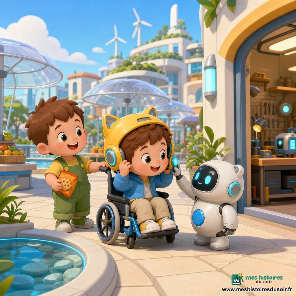 Trois personnages sur une place de marché futuriste lumineuse : Milo, garçon de 3 ans aux cheveux bruns en bataille, porte un casque jaune à oreilles de chat et est assis dans un petit fauteuil roulant à gauche ; Yan, garçon de 3 ans rond et souriant, en salopette verte, se tient juste derrière Milo ; Plip, petit robot aide-tech neutre en genre, blanc avec détails cyan et un gros bouton bleu, est placé entre Milo et une porte d'atelier ouverte. Les deux enfants essayent ensemble le casque traducteur pendant que Plip appuie sur un bouton pour le calmer ; la scène est douce et tranquille, matinée de lumière chaude, couleurs pastel et ombres douces.