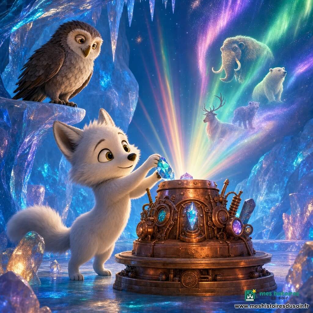 Arlo, un jeune renardeau polaire blanc au pelage duveteux et aux yeux noisette, affiche une expression joyeuse et concentrée ; il insère délicatement un cristal bleu dans la Mémoire du Glacier, une grande machine steampunk en cuivre incrustée de cristaux qui émet une douce lueur et vibre. Un vieux hibou brun-gris aux yeux dorés, perché sur une corniche de glace, observe avec fierté. L'intérieur translucide du glacier, murs bleu-azur veinés d'arc-en-ciel, stalactites scintillantes et rivière souterraine brillante, s'illumine : des rayons colorés jaillissent et des images d'animaux anciens et d'aurores boréales dansent dans la glace, créant une atmosphère magique et chaleureuse.