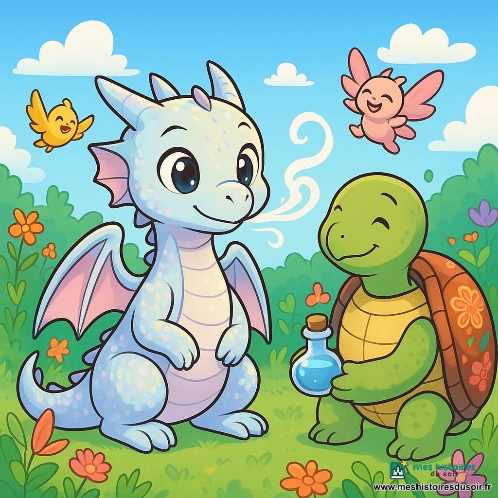 Lumo, un jeune dragon aux écailles brillantes, se tient au centre de l'image, avec des yeux pleins d'espoir et un léger sourire. Ses ailes sont repliées contre son corps, et il respire profondément, entouré d'une lumière dorée. À côté de lui, Maéa, une tortue sage avec une carapace florale, l'observe avec bienveillance, tenant un flacon de potion. En arrière-plan, un jardin luxuriant s'étend sous un ciel bleu clair. La scène montre Lumo pratiquant des exercices de respiration, avec de petites volutes de fumée s'échappant de sa bouche, tandis que ses amis ailés l'encouragent joyeusement.