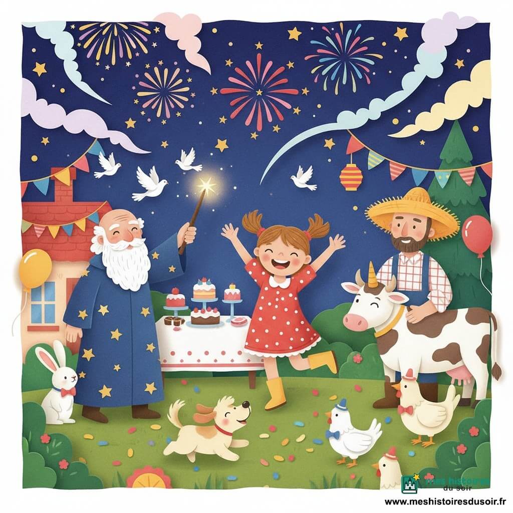 Lila, 8 ans, souriante et émerveillée, coiffée de deux couettes, en robe rouge à pois blancs et bottines jaunes, saute de joie tandis que son petit chien Pompon au pelage crème court autour d’elle; à gauche, Monsieur Merlin, vieil homme à la barbe blanche en robe bleu nuit étoilée, agite une baguette faisant apparaître des colombes; à droite, un fermier en chapeau de paille tient une vache déguisée en licorne, entourée de lapins à nœud papillon et de poules coiffées de petits chapeaux; scène dans un jardin décoré de guirlandes, lampions, ballons et table de gâteaux, confettis au sol, sous un ciel nocturne profond illuminé de feux d’artifice et d’étoiles, ambiance festive aux couleurs vives, textures papier découpé, silhouettes nettes et ombres douces.