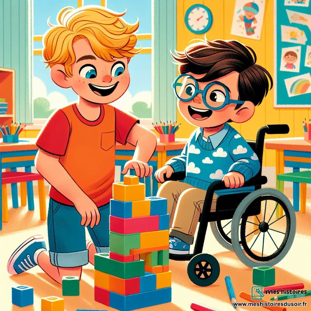 Lucas, un garçon de 6 ans aux cheveux blonds en bataille et aux yeux bleus, sourit en jouant avec des blocs de construction colorés. Il porte un t-shirt rouge et un short en jean. À ses côtés, Diego, également âgé de 6 ans, a des cheveux bruns et porte des lunettes. Assis dans son fauteuil roulant, il sourit et porte un pull bleu à motifs de nuages tout en empilant des blocs avec Lucas. La scène se déroule dans une salle de classe lumineuse aux murs jaunes, ornée de dessins d'enfants, remplie de lumière naturelle. Les tables en bois clair sont couvertes de crayons et de feuilles de papier. Lucas et Diego construisent un château en blocs, riant ensemble et partageant des idées, illustrant leur amitié.