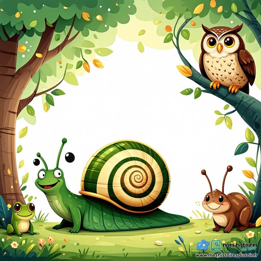 Un escargot nommé Gaston, avec une coquille rayée de vert et de jaune, se tient au centre de la scène, souriant d'excitation. Il est entouré de ses amis : Camille, une grenouille joyeuse, et Léon, un hibou sage, perché sur une branche. La scène se déroule dans une forêt enchantée, avec des arbres majestueux et des fleurs colorées. Des rayons de soleil illuminent le sol parsemé de feuilles dorées. Gaston, Camille et Léon se préparent à commencer leur chasse au trésor, entourés d'énigmes sur des feuilles d'érable, dans une atmosphère de joie et d'aventure.