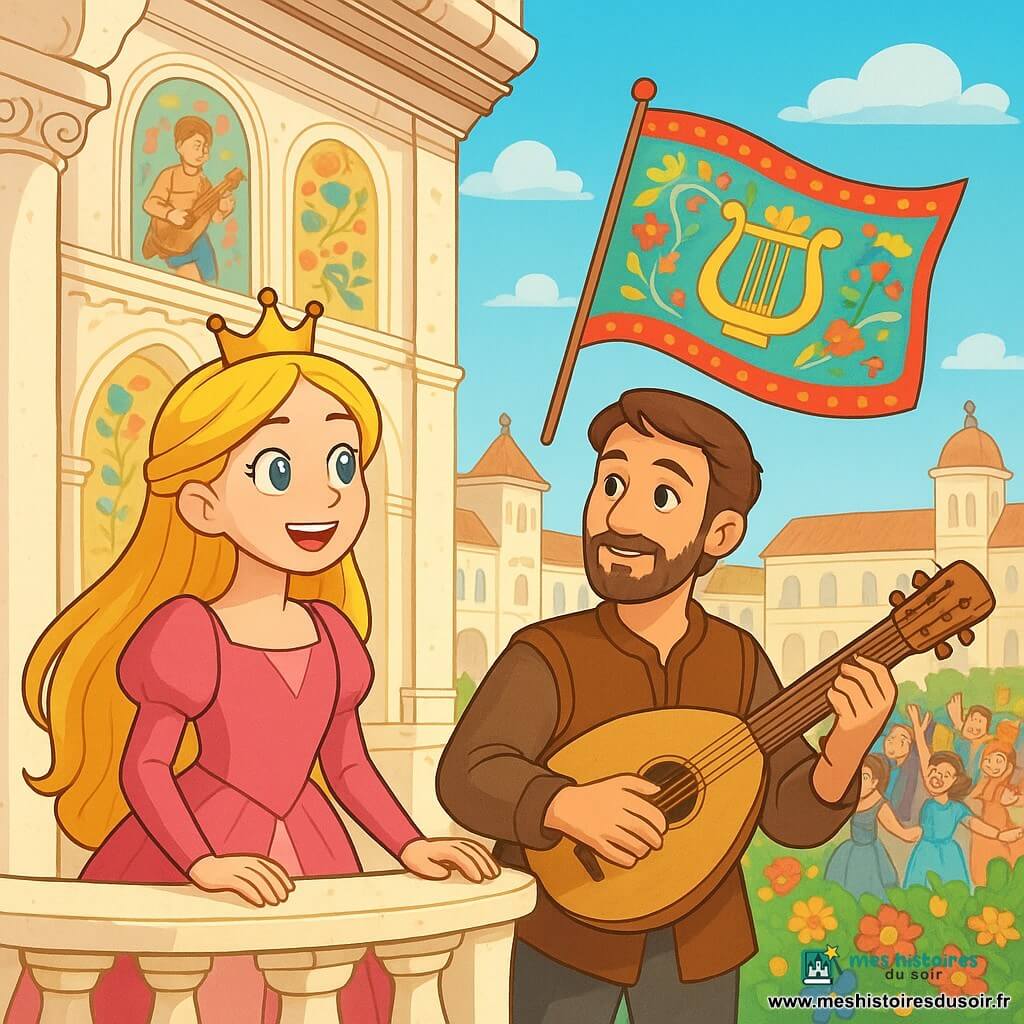 La princesse Éléa, aux longs cheveux dorés et aux yeux brillants, se tient sur le balcon de son palais d'ivoire, souriante et émerveillée par la bannière flottante au-dessus de la grande place. À ses côtés, Maël, un homme au visage marqué par le travail, admire la bannière tout en tenant un luth. Le palais est majestueux avec des murs ornés de fresques de musique et de nature. En contrebas, la grande place est animée, remplie de fleurs et de gens dansant et chantant sous un ciel bleu. Éléa et Maël célèbrent le retour de la bannière perdue, symbole d'hospitalité et de musique, entourés d'habitants créant une atmosphère festive.