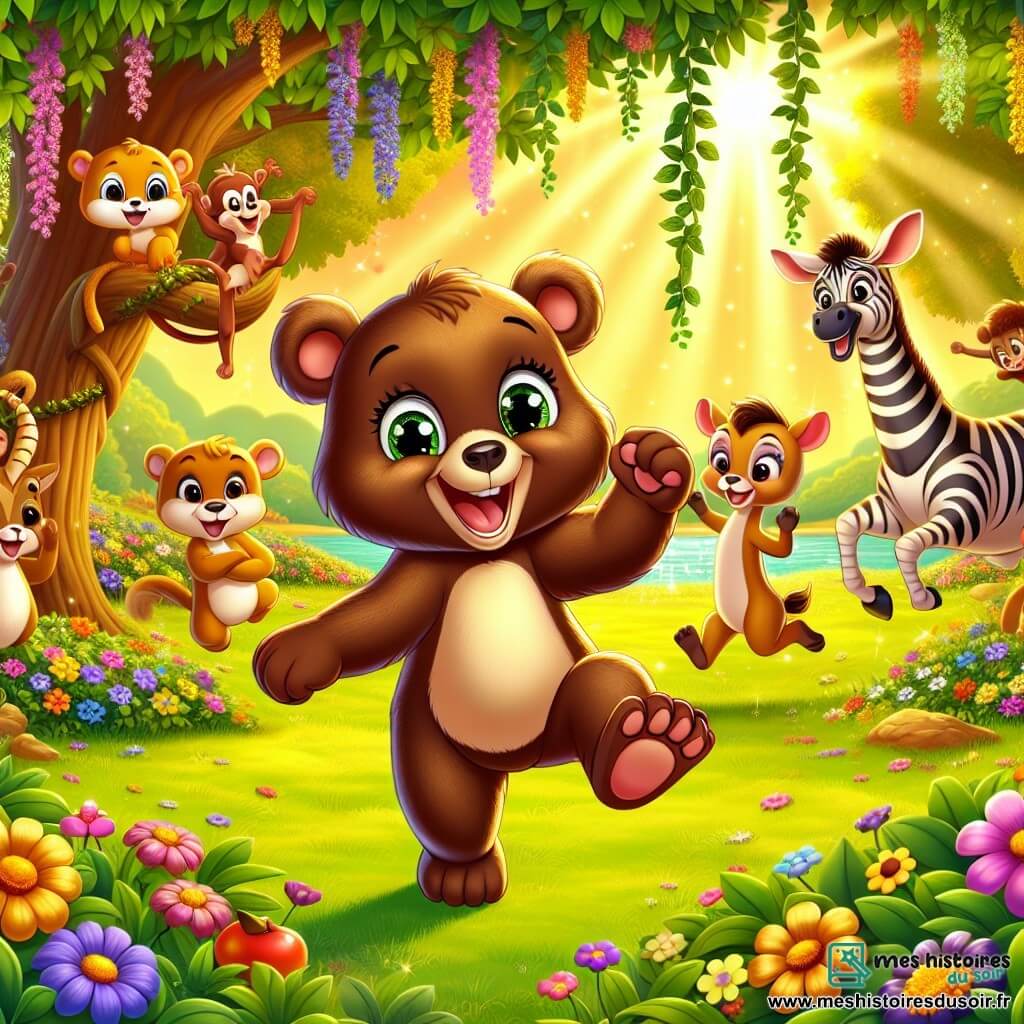 Un ours joyeux nommé Oursonne, avec un pelage brun et des yeux pétillants, danse dans une clairière ensoleillée, entourée de fleurs et de fruits. Elle sourit, pleine d'énergie. À ses côtés, Riri le singe, espiègle et doré, s'accroche à une liane en riant. Plus loin, Zozo le zèbre joue à cache-cache avec Lola la gazelle, qui saute avec grâce. La scène est lumineuse, entourée d'arbres majestueux et d'un ruisseau scintillant. Oursonne organise une fête joyeuse avec ses amis, où chacun danse et chante, tandis qu'un gâteau au miel géant est prêt à être dégusté.