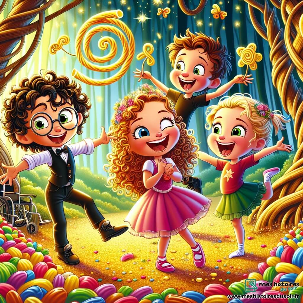 Dans une forêt enchantée, quatre amis se tiennent au centre de la scène. Léa, 8 ans, rit en pointant une grande nouille dorée qui brille au soleil. À sa droite, Timothée, 9 ans, fait une pirouette maladroite. À gauche, Hugo, 10 ans en fauteuil roulant, sourit en tenant une petite fleur qui rit. Chloé, 9 ans, danse en imitant une ballerine, entourée de Rires-Fleurs colorées. La forêt est magique, avec des arbres aux troncs tordus et des feuilles éclatantes, ainsi que des nouilles géantes et des fleurs souriantes, créant une atmosphère festive. Les enfants découvrent la nouille dorée, symbole d'un trésor magique, tout en s'amusant et prêts pour une aventure inoubliable.