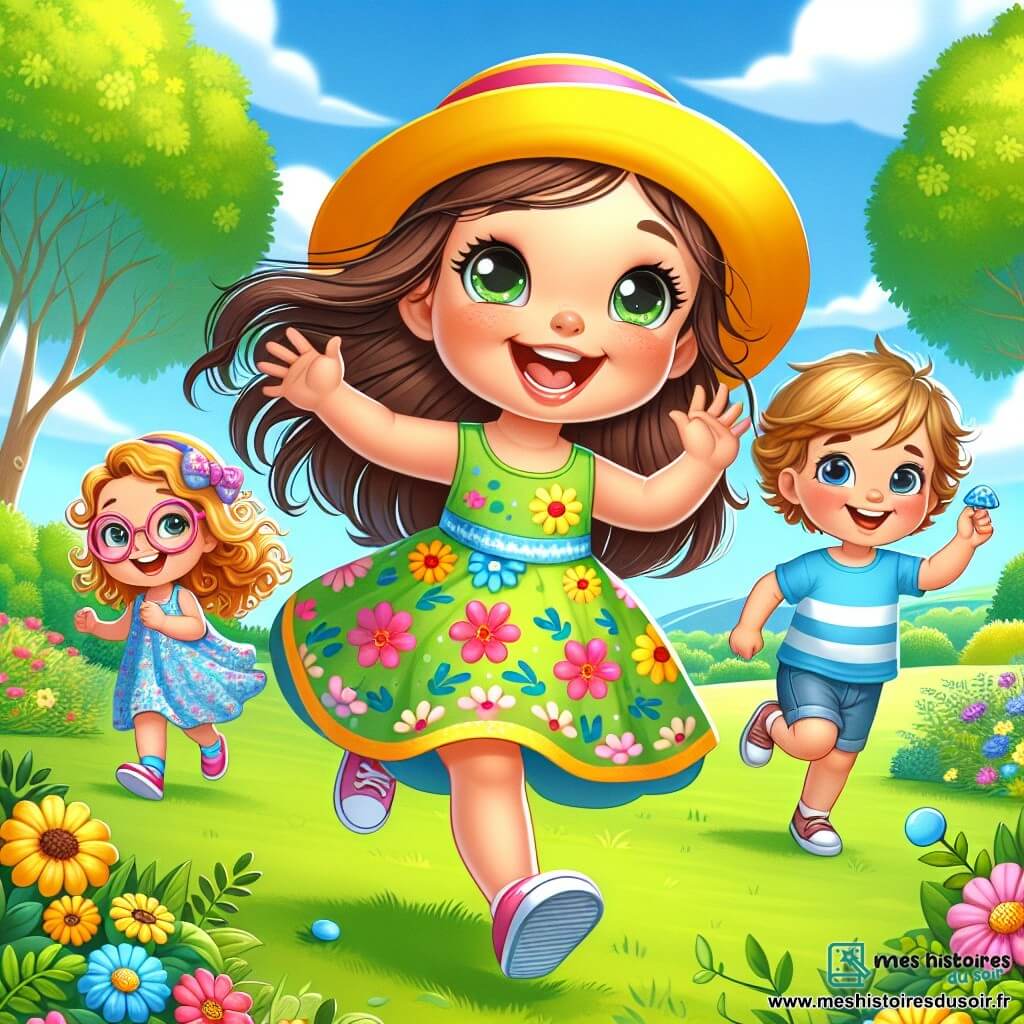 Une petite fille de 4 ans, Lina, avec de longs cheveux bruns et un grand sourire, court dans un parc verdoyant, les bras ouverts. Elle porte un chapeau jaune vif et une robe à fleurs colorées. À ses côtés, sa meilleure amie Zoé, aussi âgée de 4 ans, rit en essayant de la rattraper. Un peu plus loin, Louis, un garçon de 4 ans avec des cheveux blonds, tient un petit caillou bleu, les yeux pétillants d'excitation. Le parc est rempli de grands arbres, de fleurs éclatantes et d'une pelouse où les enfants jouent. Au fond, des familles profitent d'un pique-nique. La scène montre Lina et ses amis en pleine chasse au trésor, cherchant des cailloux bleus, leurs visages illuminés par la joie.
