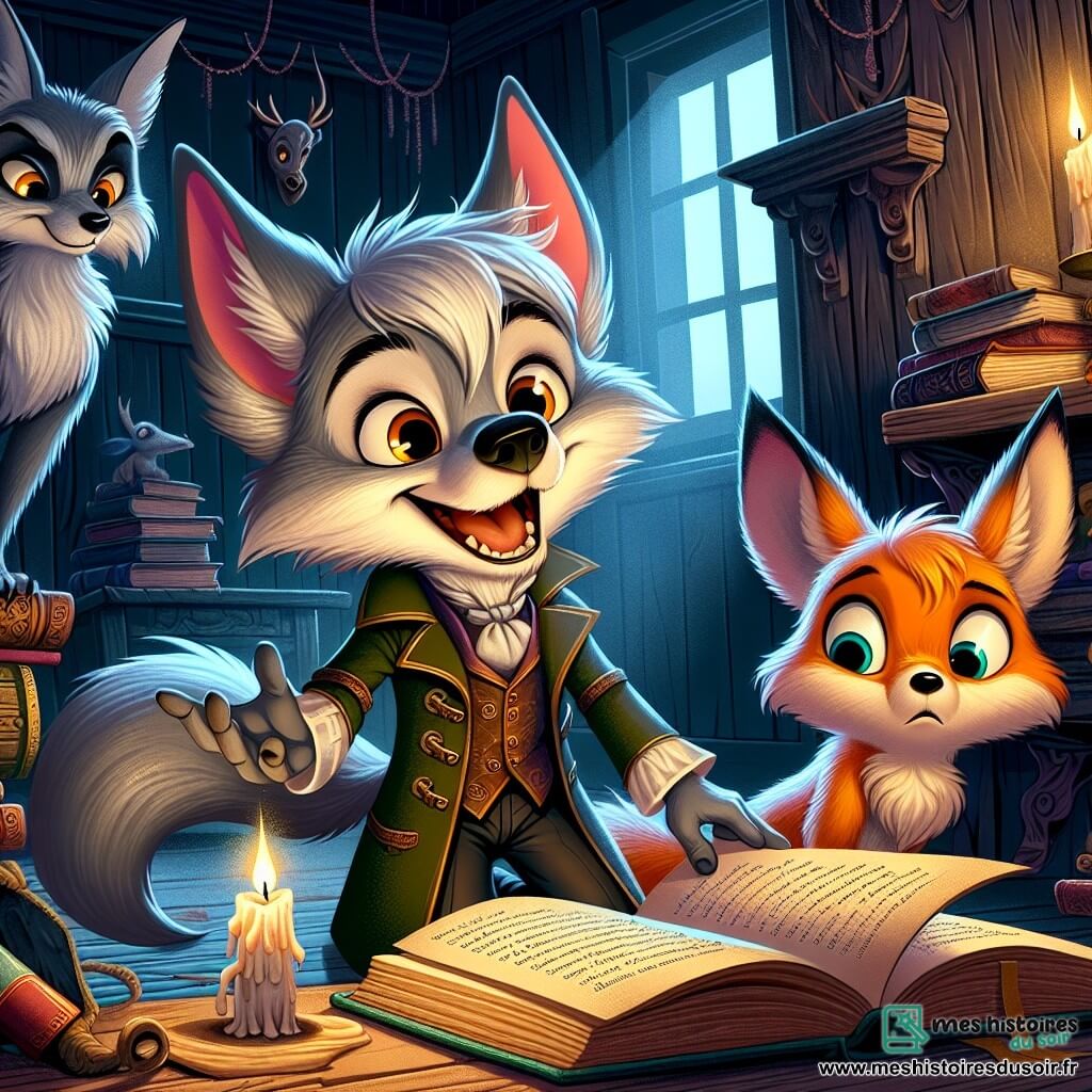 Loupio, un petit loup au pelage gris argenté, se tient au centre de la scène, les yeux écarquillés d'excitation, feuilletant un vieux livre ouvert. À ses côtés, Renard, un renardeau aux yeux brillants, observe avec émerveillement, tandis que Lapinou, un lapin aux grandes oreilles blanches, reste en retrait, l'air inquiet. La scène se déroule dans une maison ancienne, éclairée par une bougie vacillante, avec des murs en bois sombre et des toiles d'araignée. Les trois amis découvrent le livre mystérieux, remplis de curiosité, alors qu'un souffle d'air éteint la bougie, ajoutant du mystère à leur aventure.