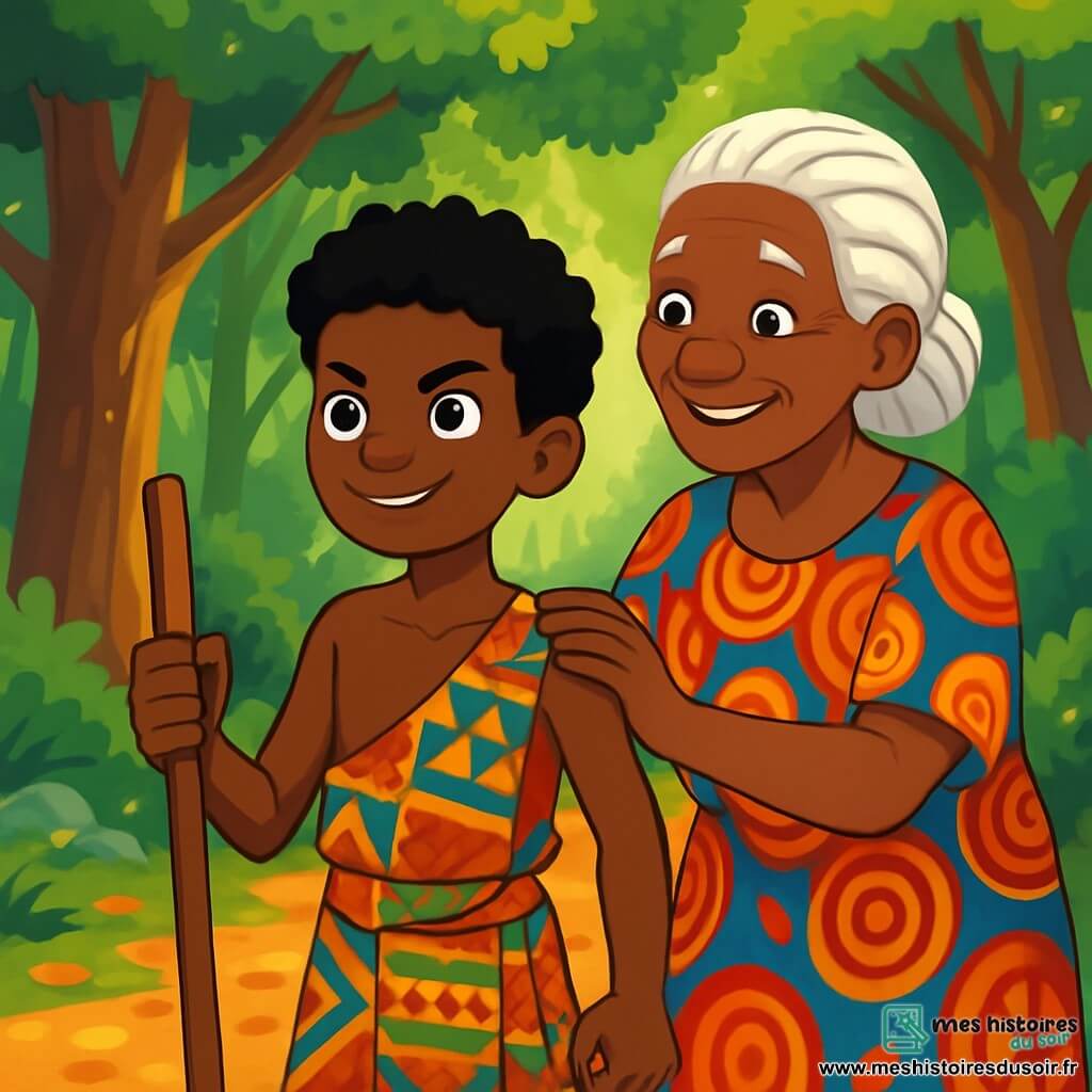 Kofi, un garçon de 12 ans, se tient courageusement au bord de la Forêt Interdite. Il a des cheveux crépus et des yeux déterminés, portant un pagne coloré. Son visage exprime audace et espoir, tandis qu'il serre un bâton en bois. À ses côtés, Mama Diara, une femme de 70 ans avec des cheveux blancs tressés et un sourire bienveillant, l'encourage. La scène se déroule dans une forêt dense, avec des arbres majestueux et des rayons de soleil filtrant à travers les branches. Kofi se prépare à entrer dans la forêt pour retrouver le Tambour de la Savane.