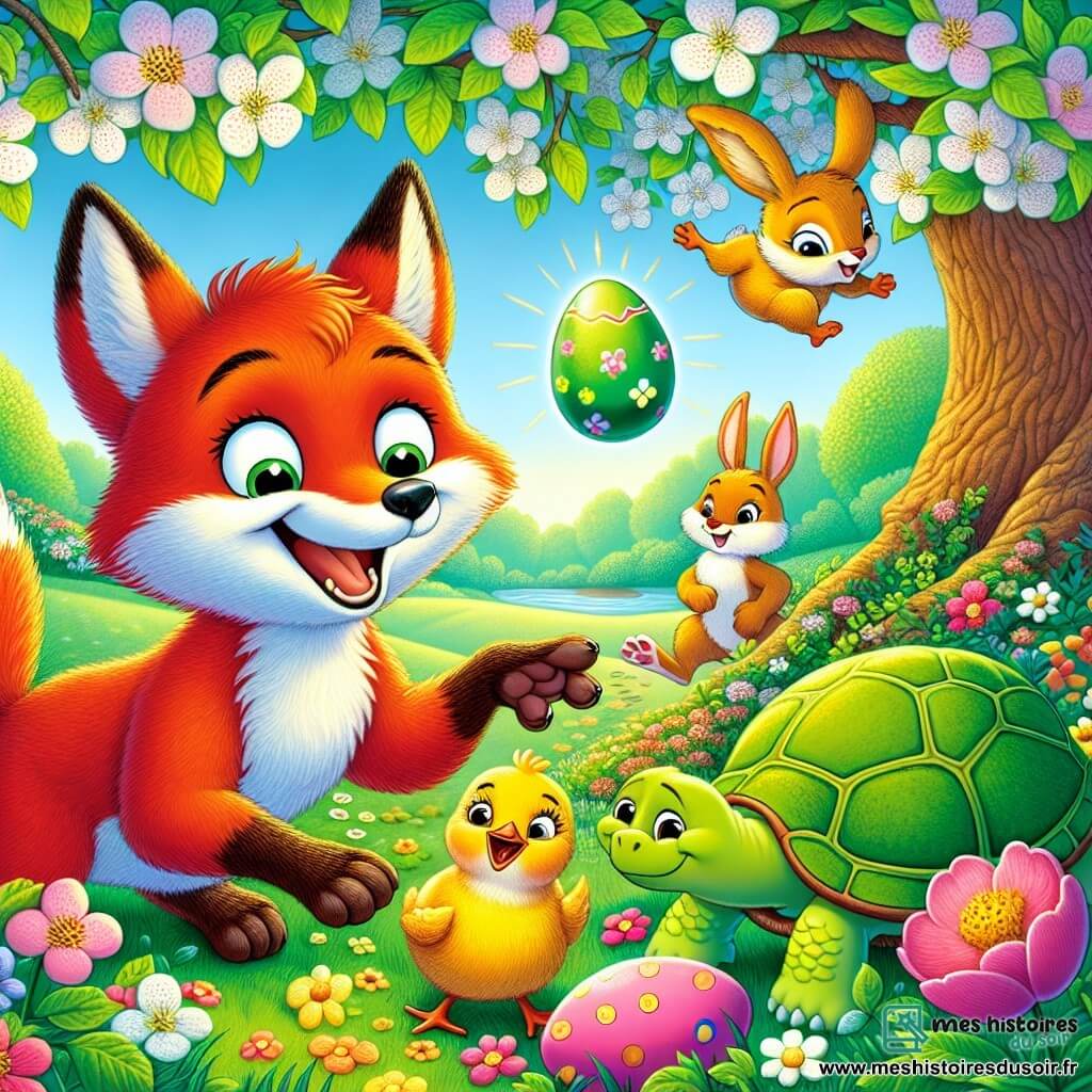 Rouxy, un renard flamboyant, saute de joie devant un buisson fleuri où brille un œuf de Pâques. À ses côtés, Clara, une poule dorée, gratte le sol en quête d'indices. Léon, un lapin aux grandes oreilles, bondit avec curiosité, tandis que Sophie, une tortue sage, observe la scène. Le décor est un champ verdoyant, ensoleillé, avec un vieux pommier en arrière-plan. Rouxy et ses amis découvrent l'œuf caché sous les fleurs, dans une atmosphère festive, prêts à célébrer Pâques.