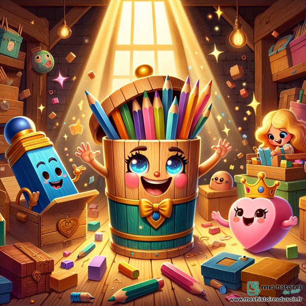 Au centre de l'image, Pétronille, une boîte à crayons en bois, sourit joyeusement tout en tenant un œuf brillant. Elle est entourée de crayons colorés. À sa droite, Rosalie, une gomme en forme de cœur, saute de joie en pointant l'œuf, tandis qu'à gauche, Gustave, un stylo plume élégant, affiche une expression de fierté en admirant l'œuf. Le décor du grenier de l'école est rempli de boîtes poussiéreuses et de vieux jouets, créant une ambiance chaleureuse. Les trois personnages célèbrent leur découverte avec des sourires, entourés d'une atmosphère de joie et d'amitié.