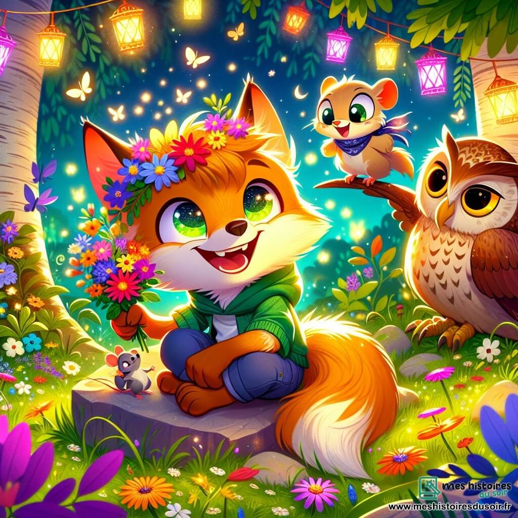 Sami, un jeune renard au pelage doré, est assis sur une pierre, les yeux brillants et un sourire sur le museau. Il tient une couronne de fleurs colorées, entouré de lucioles scintillantes. À ses côtés, Mouna, une petite souris avec un foulard bleu, l'encourage avec un grand sourire. La chouette maître Houppette, perchée sur une branche, observe la scène avec sagesse. La clairière est illuminée par des lanternes multicolores, avec des fleurs et des feuilles au sol, tandis que des animaux se rassemblent autour de Sami, prêt à célébrer ensemble. Sami est sur le point de partager sa couronne de fleurs avec ses amis, symbolisant l'esprit de partage durant le Ramadan.