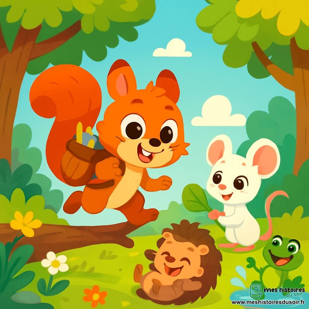 Un petit écureuil roux nommé Pistache, avec de grands yeux brillants et une queue touffue, saute joyeusement sur une branche, portant un sac à dos en forme de noisette rempli de fournitures scolaires. À côté de lui, Lila, une souris blanche aux grandes oreilles, le regarde avec un sourire amical en tenant une feuille verte. Léo, un hérisson brun, se roule en boule en riant, tandis que Zoé, une grenouille verte, saute autour d'eux en éclaboussant un peu d'eau. La scène se déroule dans une clairière ensoleillée entourée de grands arbres et de fleurs colorées, avec un sol recouvert d'herbe douce. Pistache et ses amis jouent ensemble, découvrant la magie de l'amitié et de la rentrée des classes.