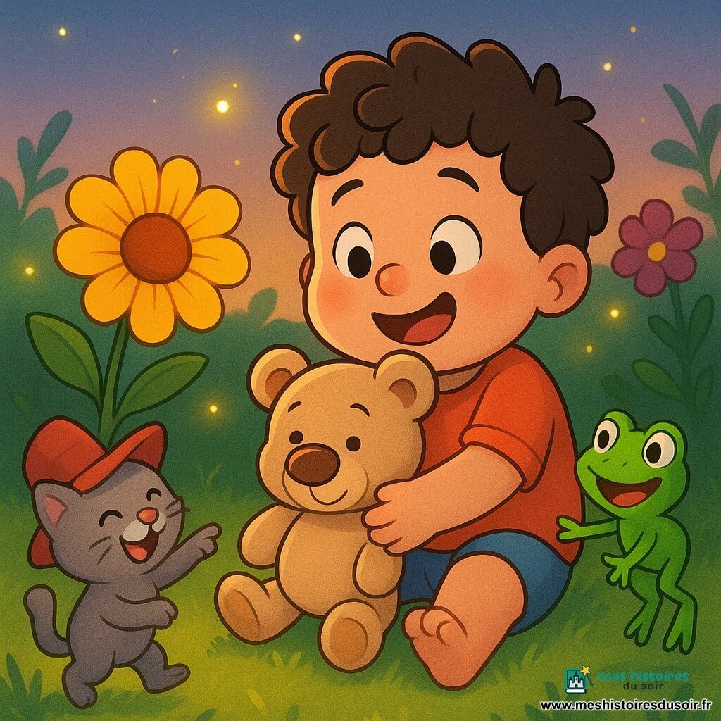Un garçon de 2 ans, rond et potelé, cheveux bruns bouclés et joues roses, serre un doudou ours beige au gros nez brun avec une expression joyeuse et soulagée; une petite grenouille verte aux yeux ronds saute à côté en regardant la grosse fleur qui cachait le doudou, et un chat gris à poils doux portant un chapeau rouge un peu grand danse sur deux pattes à gauche en montrant la fleur; jardin au crépuscule avec herbe verte, grandes fleurs colorées (une grosse fleur jaune près du garçon) et lucioles, moment tendre et drôle de retrouvailles, lumières chaudes, couleurs vives, textures pelucheuses, composition centrée et lisible pour un enfant de 2 ans.