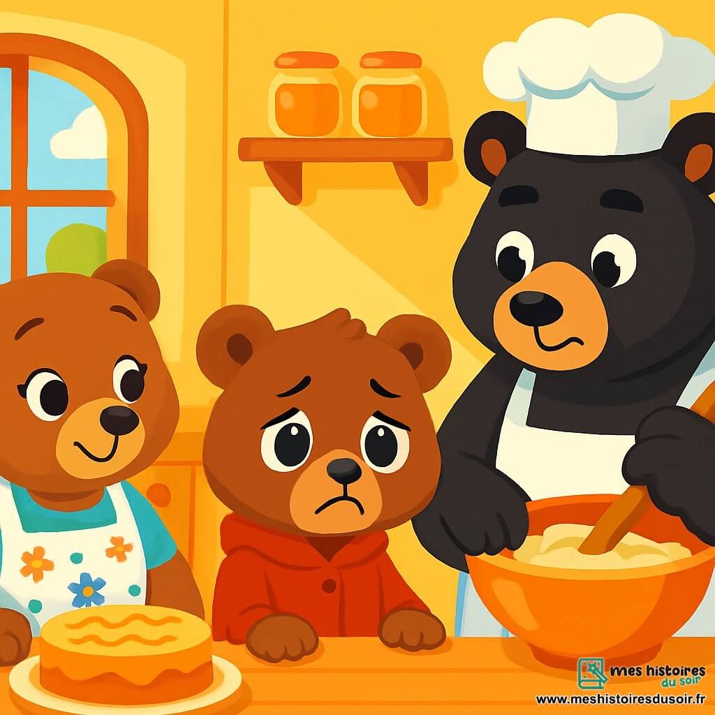 Un petit ours brun avec un manteau rouge et de grands yeux ronds exprime une tristesse mêlée d'espoir. Il se tient au centre de la cuisine, inquiet, les pattes sur la table, regardant ses parents. À sa droite, sa maman ours douce, avec un tablier fleuri, prépare un gâteau au miel en souriant. À sa gauche, son papa ours costaud, en fourrure noire et chapeau de chef, mélange la pâte avec concentration. La cuisine est lumineuse et accueillante, avec des murs jaunes et des étagères remplies de pots de miel. Malgré sa tristesse, le petit ours commence à comprendre l'importance de la communication familiale en préparant ensemble un gâteau.