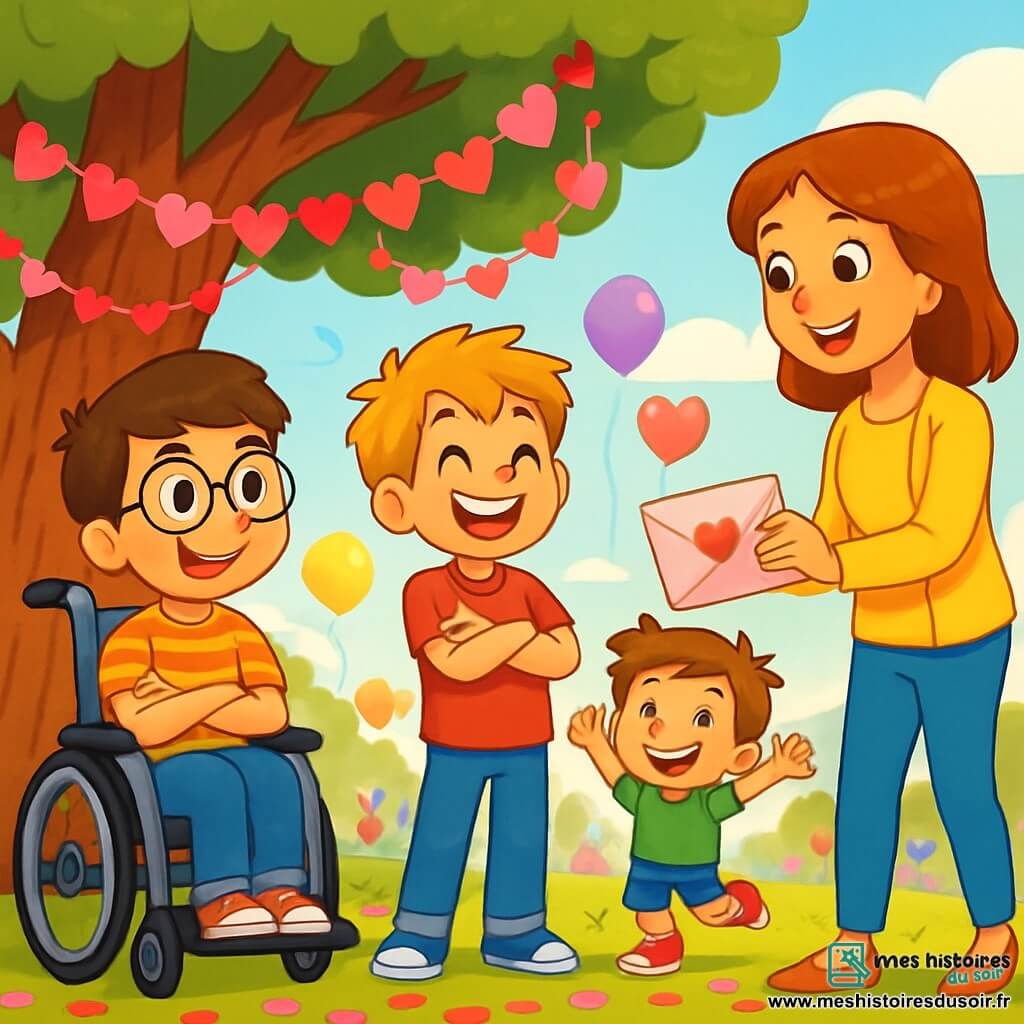 Trois personnages sont présents : Lucas, un garçon de 9 ans en fauteuil roulant, souriant avec des lunettes rondes ; Théo, également âgé de 9 ans, debout avec un t-shirt rouge, les bras croisés et un grand sourire ; et Maxime, un autre garçon de 9 ans, sautant sur place avec énergie. Ils se trouvent sous un grand arbre décoré de guirlandes de cœurs en papier rose et rouge, avec le sol recouvert de pétales de fleurs et de petits cœurs. En arrière-plan, des décorations de la fête de la Saint-Valentin, incluant des ballons et des rires d'enfants, ajoutent à l'ambiance festive. Les garçons attendent Mlle Julie, l'aide-enseignante, qui s'approche avec une enveloppe rose, leurs visages illuminés par l'excitation.