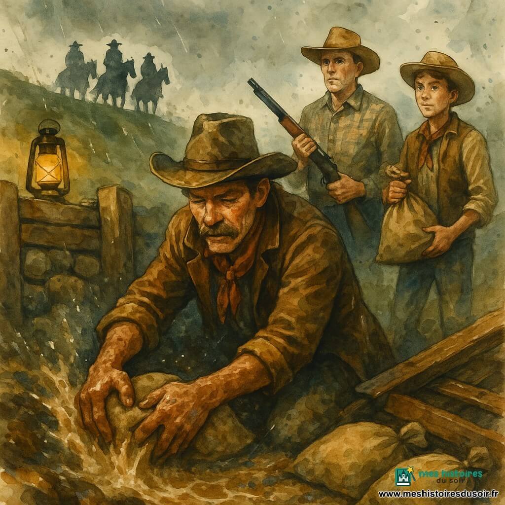 Un cowboy au visage buriné, moustache courte, chapeau usé et veste en cuir brun s'accroupit près d'une digue en bois, poussant des sacs d'argile dans une fissure, les mains terreuses et mouillées; derrière lui Silas (≈45 ans) à la chemise à carreaux, chapeau propre, tient une carabine et regarde la colline, tendu; un jeune cow-boy d'environ 18 ans, poussiéreux, porte un sac de jute à la lisière de l'eau, prêt à aider et regardant avec admiration et inquiétude; sur la crête, trois cavaliers silhouettes menacent depuis la colline; lieu: ravin rocheux, vieille digue de planches et pierres, eau boueuse jaillissante, berges glissantes couvertes de sacs de jute et madriers cloués, pluie, lanternes à huile jaunes; scène: réparation urgente d'une fuite pendant l'averse, tension entre réparateurs et cavaliers, composition dynamique avec eau tourbillonnante, éclaboussures et textures de bois mouillé et argile collante; palette: tons terreux (bruns, ocres, verts profonds), touches bleu-gris pour eau et ciel, accents chauds des lanternes; style: trait aquarelle fluide avec éclaboussures contrôlées pour la pluie et les projections d'eau.