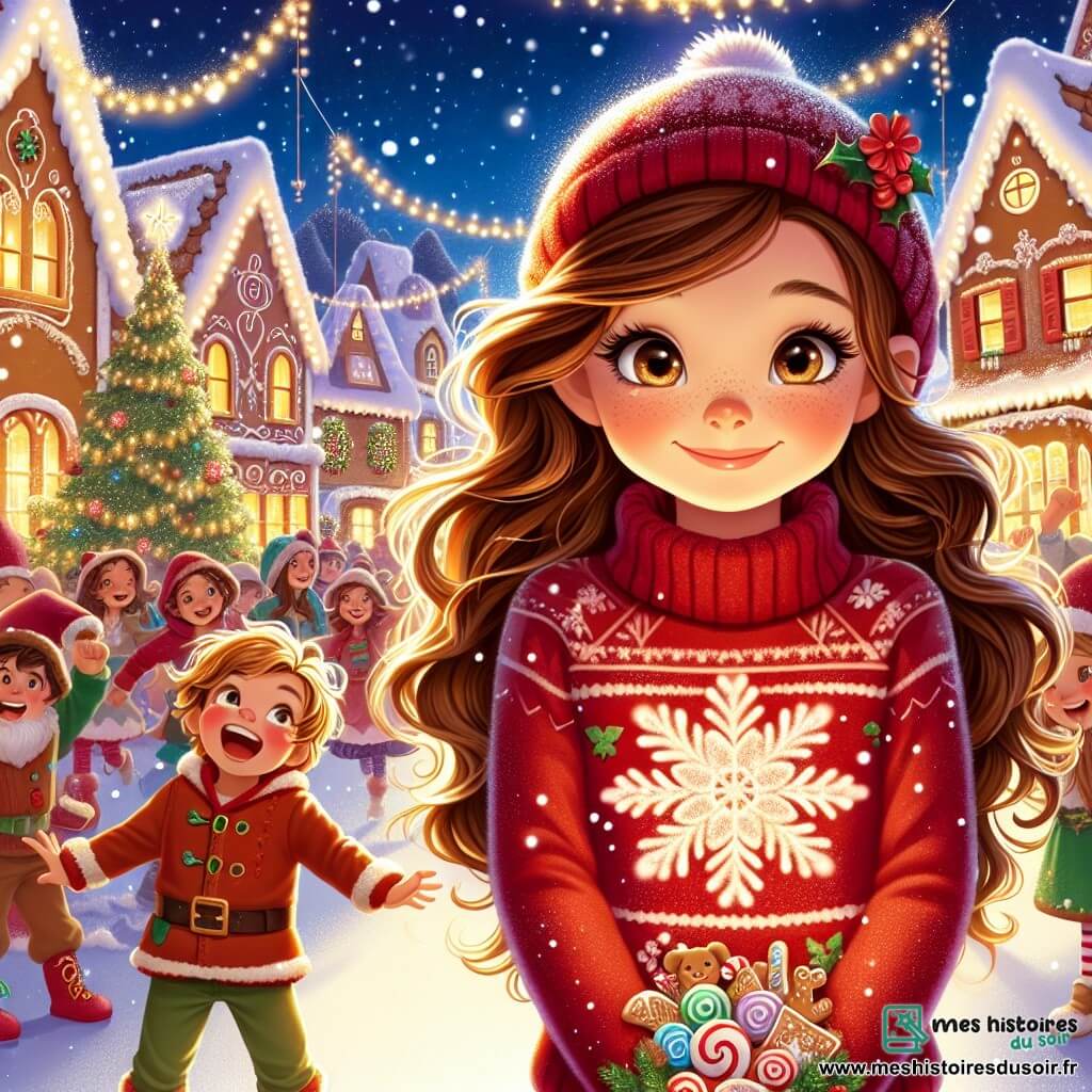 Cécile, une fille de 11 ans aux longs cheveux bruns ondulés et aux yeux curieux, se tient au centre de la scène avec un large sourire. Elle porte un pull rouge à motif de flocon de neige et un bonnet assorti. À ses côtés, son petit frère Luc, âgé de 7 ans, aux cheveux blonds en bataille, rit en tenant une guirlande de bonbons colorés. Le décor est un village de Noël enchanteur avec des maisons en pain d'épices illuminées et des flocons de neige tombant doucement. Au fond, un grand sapin de Noël brille, entouré d'enfants et de lutins dansants. Cécile et Luc participent à une course de rennes, courant joyeusement sur la neige, encouragés par des lutins et entourés de rires.