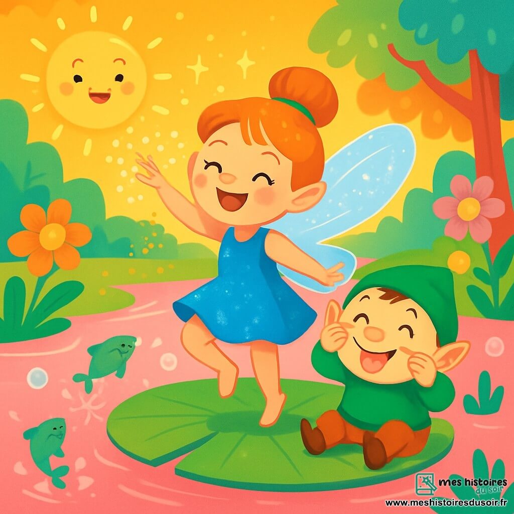 Une fée pétillante, Flappy, danse joyeusement sur un nénuphar géant, avec de grandes ailes transparentes et une robe bleue brillante. Son sourire éclaire son visage tandis qu'elle lance des paillettes dorées. À côté, Boubou le lutin, un petit garçon rond avec un bonnet vert à pompon jaune, fait des grimaces en riant. Le décor est un étang magique avec une eau rose bonbon, entouré de fleurs colorées et de grands arbres aux feuilles arc-en-ciel. Des poissons verts sautent dans l’eau, créant des bulles. Flappy et Boubou dansent au soleil, entourés de rires et d’animaux émerveillés.