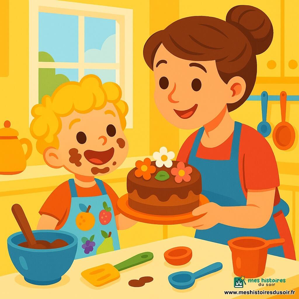 Un petit garçon de 4 ans, Antoine, aux boucles blondes et aux yeux pétillants, se tient au centre de la cuisine. Il porte un tablier coloré et a le visage barbouillé de chocolat, affichant un grand sourire. À côté de lui, sa maman, une femme d'environ 30 ans avec des cheveux bruns en chignon, observe son fils avec amour, tenant un gâteau décoré de fleurs en sucre. La cuisine est lumineuse, avec des murs jaunes et des ustensiles colorés sur le plan de travail. Antoine présente fièrement son gâteau à sa maman, l'air ravi, tandis qu'elle s'approche pour l'embrasser, créant une scène chaleureuse et pleine d'amour.