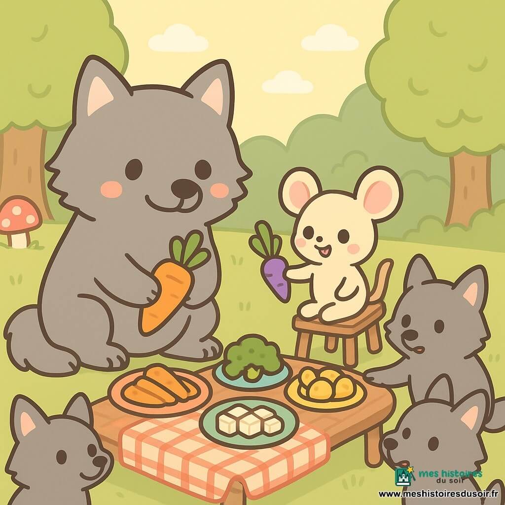 Un grand loup gris au pelage doux, aux yeux brillants et au sourire timide, assis droit tenant une grosse carotte orange, entouré de trois loups au pelage plus foncé, surpris puis curieux, et d'une petite souris crème nommée Mimi offrant une carotte violette; devant eux une table rustique nappée à carreaux rouge et blanc garnie de légumes colorés, le tout dans une clairière ensoleillée au soir, ambiance paisible et conviviale.