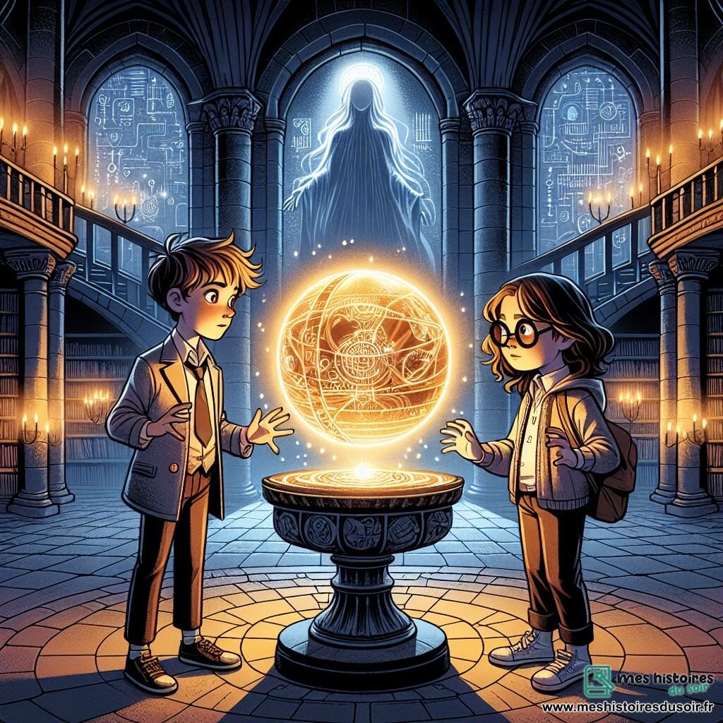 Eliott, un garçon de 10 ans aux cheveux ébouriffés et aux yeux curieux, se tient à gauche avec un globe scintillant. Lila, une fille de 9 ans aux longs cheveux bruns et lunettes rondes, est à droite, émerveillée par le globe. Ils se trouvent dans un grand hall d’un ancien château aux murs en pierre ornés de symboles magiques. Une table en marbre au centre supporte le globe lumineux, diffusant une douce lumière dorée. Eliott et Lila découvrent le globe magique flottant, symbole de l’union entre technologie et magie, tandis qu'une silhouette translucide du Gardien de l’Équilibre apparaît derrière eux, les invitant à restaurer l’harmonie entre leurs mondes.