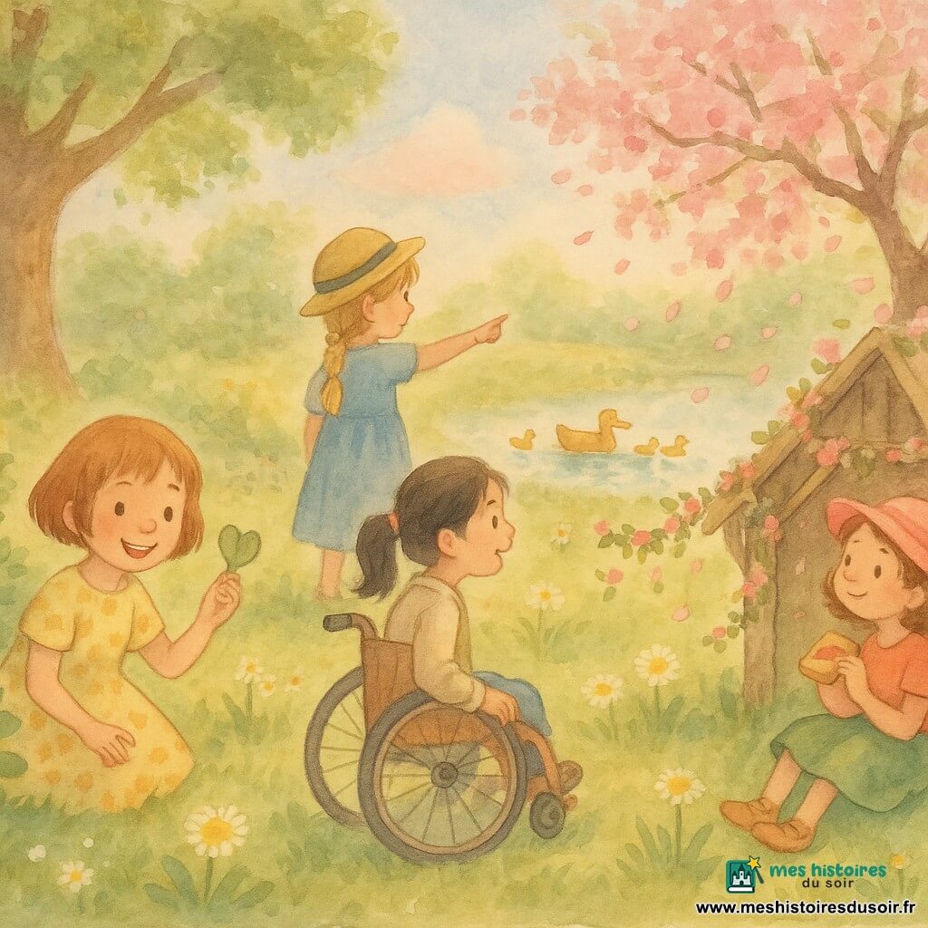 Quatre filles de 7 ans : Lou, châtain clair en coupe courte, en robe jaune à fleurs, agenouillée à gauche tenant une feuille en forme de cœur et souriant ; Emma, blonde en tresse, chapeau de paille et robe bleue, debout à droite du centre pointant une famille de canards sur l’étang ; Clara, brune aux cheveux bouclés, chapeau rose et jupe verte, assise sous un pommier à droite mangeant une tartine et regardant les pétales tomber ; Mia, cheveux noirs en queue de cheval, veste claire, en fauteuil roulant au premier plan à droite du centre, les mains sur les roues, souriante et aidant à décorer une cabane. Lieu : jardin de campagne au printemps avec herbe parsemée de pâquerettes et pissenlits, grand chêne et pommier en fleurs, petit étang miroitant et cabane rustique décorée de guirlandes de fleurs. Situation : les quatre amies construisent et décorent leur « Refuge du Printemps » près du chêne, scène chaleureuse aux couleurs pastel aquarelle, lumière douce de fin d’après-midi, pétales qui tombent et canetons glissant sur l’eau.