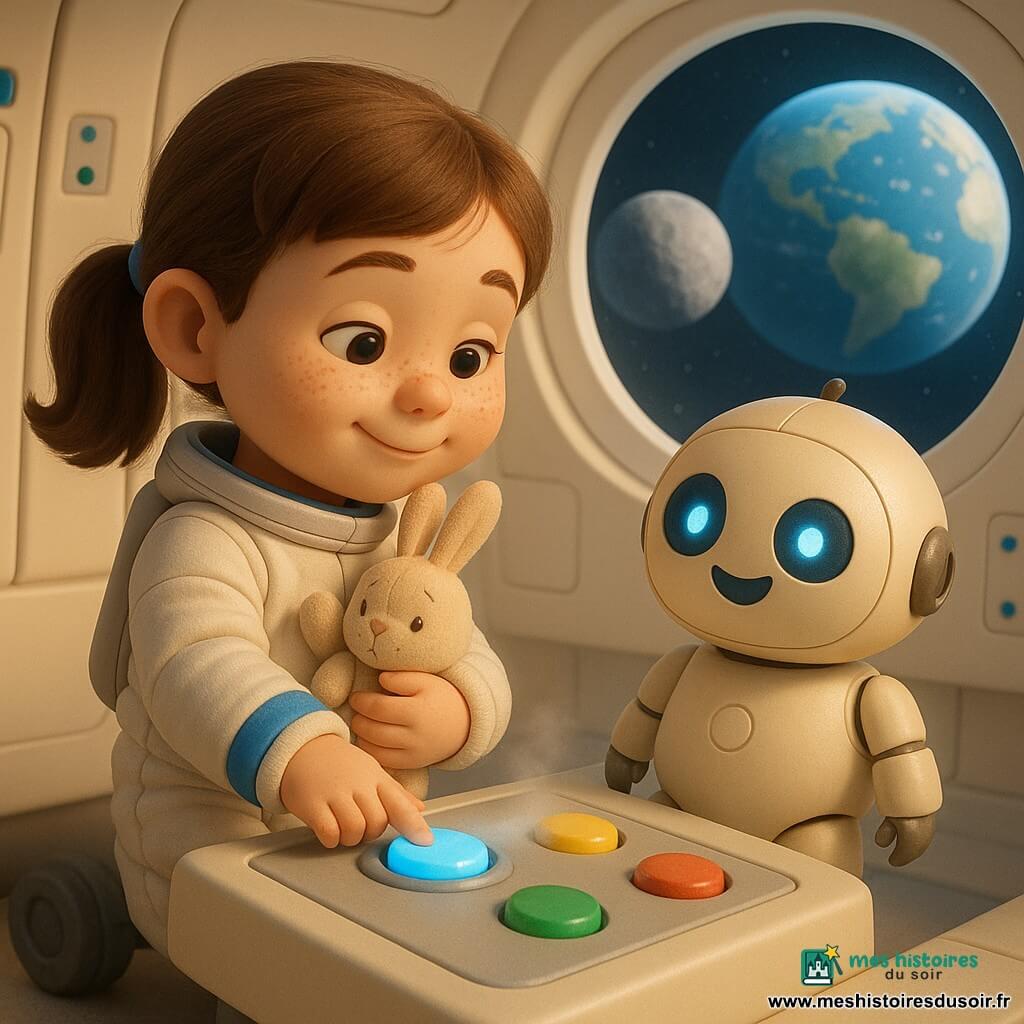 Mila, petite fille d’environ six ans au visage rond et taches de rousseur, cheveux bruns en queue de cheval, sourit calmement dans une combinaison spatiale blanche à bandes bleues en serrant contre sa poitrine un doudou lapin beige et posant la main sur un tableau de contrôle; à sa droite roule Pipo, un bébé robot rond en métal crème aux yeux LED bleus affichant une expression joyeuse. L’intérieur du vaisseau est propre et lumineux, panneaux blancs lisses et boutons ronds colorés, un grand hublot montre la Terre bleue et la Lune grise proche; la scène d’atterrissage est sereine — roues au sol, lumière douce, légère vapeur près d’un bouton bleu récemment pressé — avec des couleurs chaudes, un éclairage doux et une composition centrée sur Mila et son doudou.