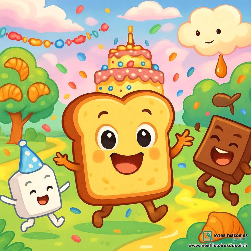 Patapouf, une tartine de pain dodue et beurrée, se tient au centre d'une fête d'anniversaire magique, avec des yeux brillants de joie. Il sourit, entouré de confettis colorés. À ses côtés, Suzy la Sucre, un morceau de sucre blanc avec un chapeau en sucre glace, saute de joie. Chapi-Chocolat, un carré de chocolat fondu, rit en attrapant une goutte de caramel. Le décor est un Festiplacard féerique, avec des arbres à croissants, des rivières de limonade et des guirlandes de bonbons sous un ciel en sucre filé. Un immense gâteau d'anniversaire, coloré et décoré, trône au centre. La scène dégage une atmosphère joyeuse, avec des rires et des éclats de bonheur.