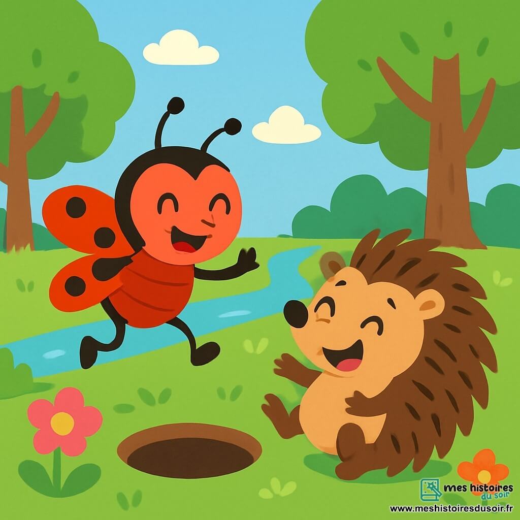 Coco, une coccinelle rouge à taches noires, danse joyeusement avec un sourire, ses ailes brillantes ouvertes. À ses côtés, Zigzag, un hérisson brun aux piquants hérissés, roule sur le sol, riant. Ils se trouvent dans une forêt enchantée, entourés d'arbres aux feuilles vertes et de fleurs colorées. Ensemble, ils découvrent un trou mystérieux dans le sol et dansent autour, curieux de ce qu'il renferme.
