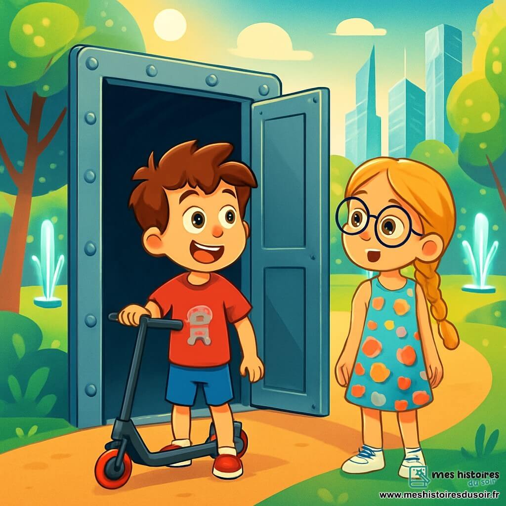 Un garçon de 8 ans, Thomas, avec des cheveux bruns en bataille et des yeux curieux, se tient devant une grande porte en métal, son visage illuminé par l'excitation. Il porte un t-shirt rouge avec un motif de robot et un short bleu, tenant sa trottinette. À ses côtés, une fille de 8 ans, Emma, avec de longs cheveux blonds tressés et des lunettes rondes, observe la porte avec intrigue. Elle porte une robe colorée et des baskets blanches. Le parc futuriste est rempli d'arbres scintillants et de fontaines lumineuses, avec des gratte-ciel en verre à l'horizon. Thomas et Emma, fascinés et nerveux, se tiennent devant la mystérieuse porte qui s'ouvre sur un tunnel sombre, prêts pour une aventure incroyable.
