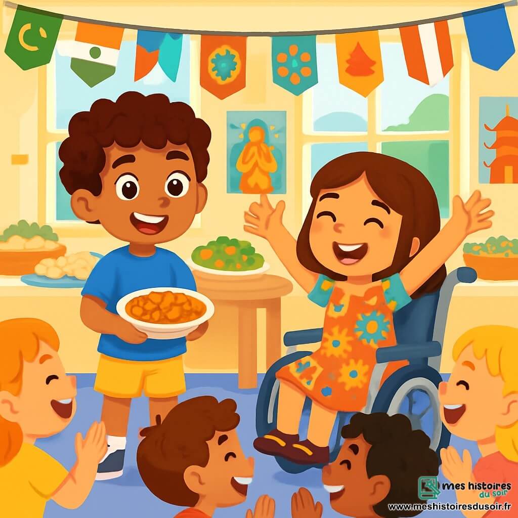 Il y a deux personnages principaux : Lucas, un garçon de 8 ans avec des cheveux bouclés et bruns, portant un t-shirt bleu et un short jaune, souriant avec un plat de curry dans les mains, et Emma, une fille de 8 ans avec des cheveux lisses et châtains, dans son fauteuil roulant, vêtue d'une robe colorée à motifs floraux, dansant joyeusement à côté de Lucas. L'histoire se déroule dans une salle de classe lumineuse, décorée de drapeaux colorés et d'affiches illustrant des traditions du monde. Lucas et Emma sont sur scène, prêts à présenter leur danse indienne et leur plat de curry aux autres élèves, entourés d'enfants curieux et enthousiastes, créant une atmosphère joyeuse et conviviale.