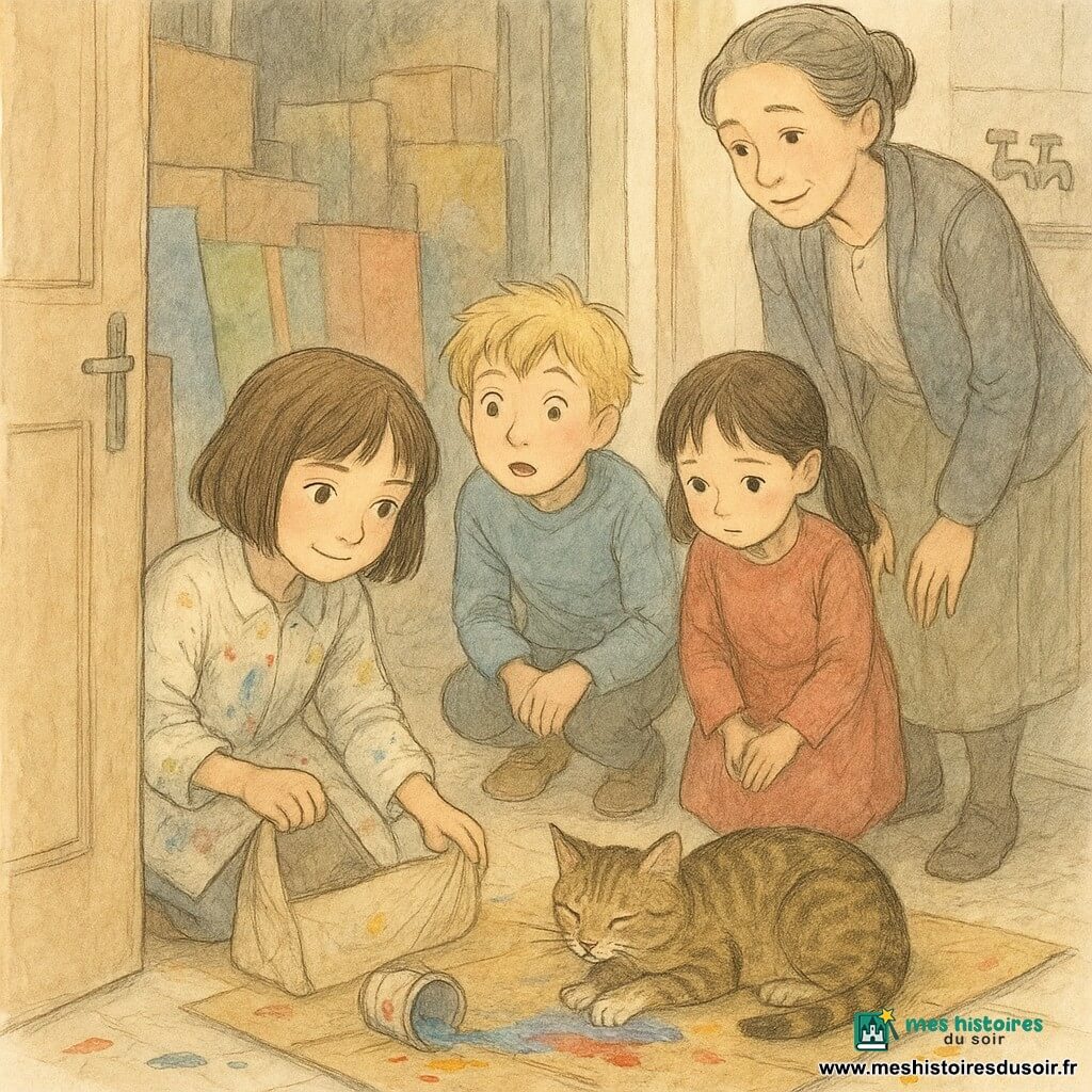 Mina, 10 ans, accroupie devant une porte entrouverte, regarde avec concentration et douceur en tirant doucement un sac en toile; Tom, ~10 ans, cheveux blonds en bataille, stupéfait et admiratif, se tient derrière elle, prêt à aider; Inès, 9–10 ans, timide et rougissante, couettes sombres, en retrait, mains serrées et regard baissé; Madame Lenoir, femme aux cheveux grisonnants en chignon, calme et bienveillante, penchée à l’entrée du débarras; Plume, petit chat tigré roulé près d’un pot de peinture renversé, patte avant gauche couverte de peinture blanche, yeux mi-clos, peinture formant une petite rivière sur des cartons; lieu : débarras de la salle d’arts plastiques avec cartons empilés, panneaux colorés, rouleaux d’essuie‑tout, évier en arrière-plan et lumière douce entrant par la fente de la porte; situation : découverte attentive d’un chat peinturé, enfants enquêtant sans chaos, traces fines de peinture menant vers la porte; palette : tons pastel chaleureux, blancs cassés, verts doux et taches vives de rouge, jaune et bleu, textures de papier et de toile visibles.