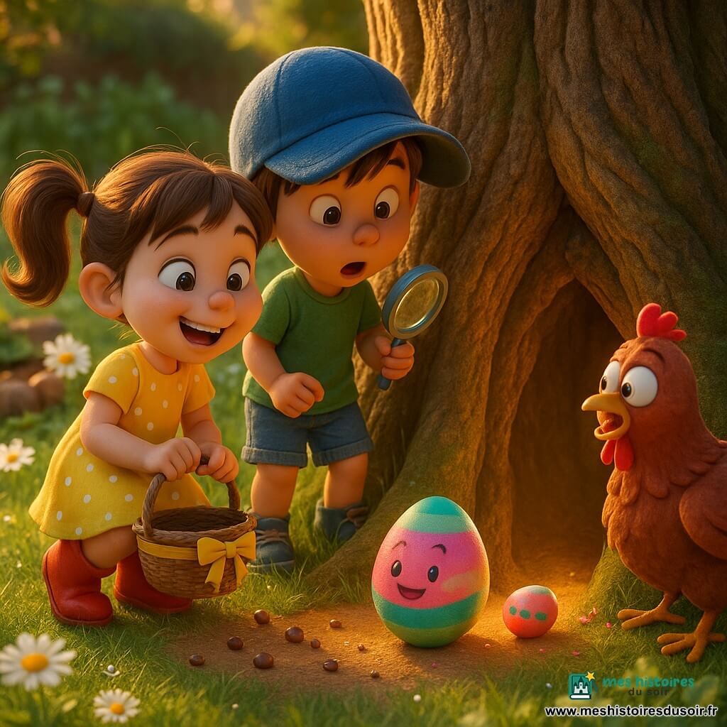 Lila, 6 ans, souriante et émerveillée, deux couettes brunes, robe jaune à pois blancs et bottines rouges, s'agenouille devant le grand tronc d'un arbre en tenant un petit panier en osier à ruban jaune; Tom, 6 ans, chapeau bleu trop grand lui couvrant partiellement les yeux, t-shirt vert et short en jean, se tient à côté d'elle, regardant avec étonnement un œuf multicolore gros comme une orange, rayé de rose, bleu et vert avec un sourire dessiné, qui roule doucement hors d'un trou à la base de l'arbre; une poule rousse un peu surprise, ailes à demi écartées, près de Tom; jardin de printemps avec herbe couverte de rosée, pâquerettes et potager bordé de cailloux; ambiance lumineuse, chaleureuse et pleine de surprise.