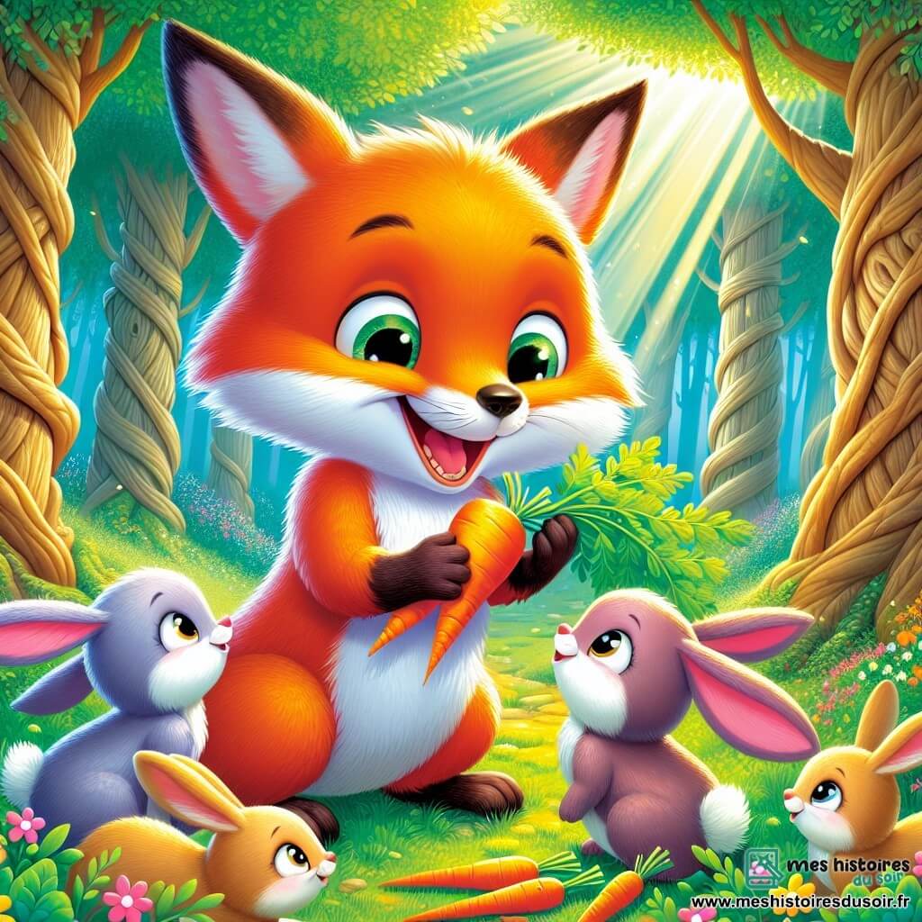 Un renard espiègle à la fourrure rousse et aux yeux malicieux se tient au centre de la scène, souriant en tendant une carotte fraîche à une famille de trois petits lapins aux couleurs pastel, qui le regardent avec surprise et gratitude. La scène se déroule dans une forêt enchantée avec de grands arbres, des feuilles dansant au vent et des fleurs colorées au sol. Ce moment illustre un partage de gentillesse, sous un soleil filtrant à travers les branches.
