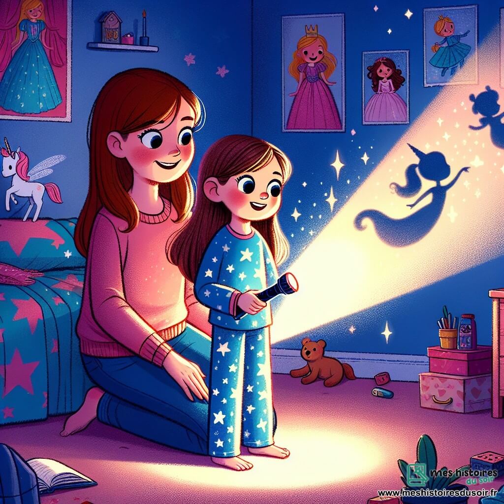 Au centre de l'image, Léa, une fille de 10 ans aux longs cheveux bruns et aux yeux pétillants, se tient debout dans sa chambre. Elle porte un pyjama bleu à étoiles et tient une lampe de poche allumée qui projette une douce lumière. À ses côtés, sa maman, une femme d'une trentaine d'années avec des cheveux châtains, s'agenouille pour lui parler avec tendresse. La chambre est décorée de posters de princesses et de licornes, avec des jouets éparpillés. La lumière de la lampe crée des ombres mystérieuses, ajoutant une atmosphère magique. Léa explore courageusement l'obscurité, imaginant des aventures, tandis que sa maman l'encourage à surmonter sa peur du noir.