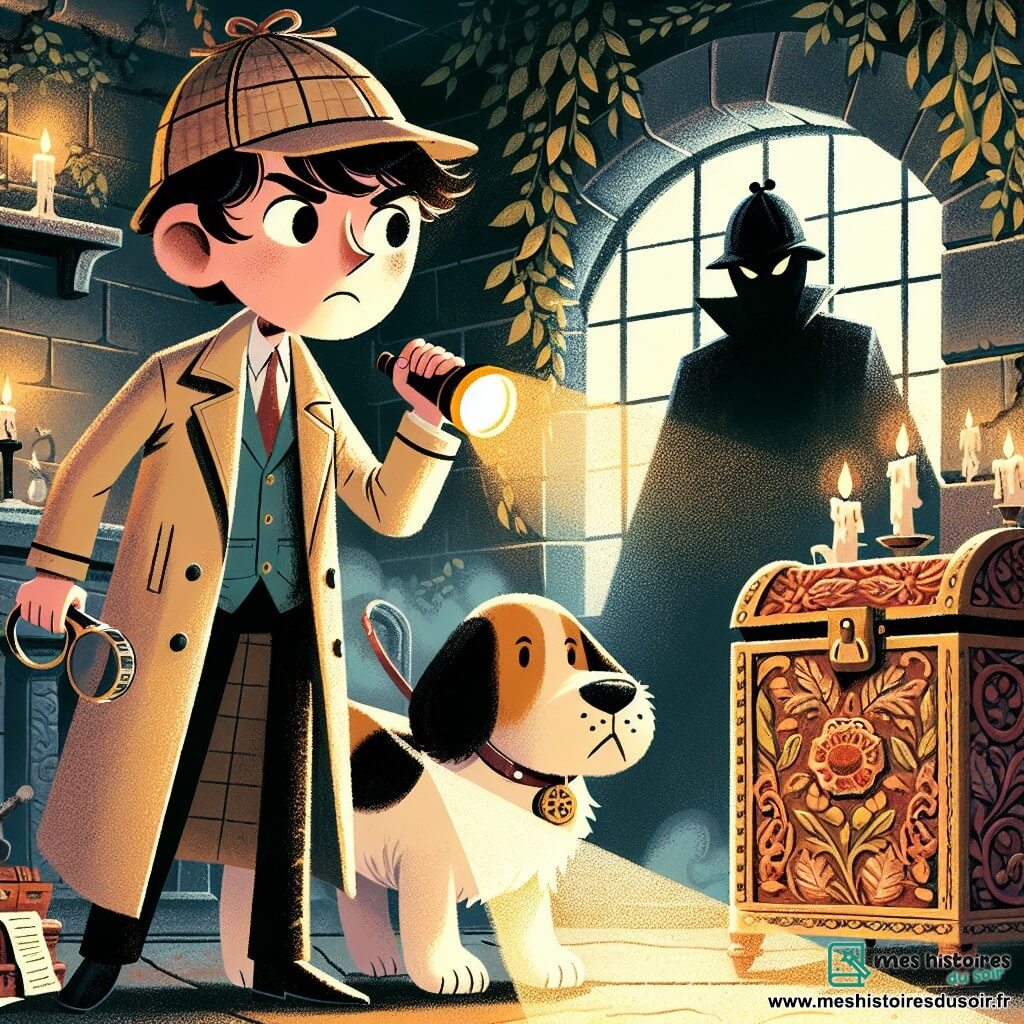 Au centre de l'image, un détective nommé Julien, d'une trentaine d'années, avec des cheveux bruns en désordre et une moustache fine, porte un trench-coat beige et un chapeau de détective. Il tient une lampe torche et un vieux parchemin, scrutant une pièce sombre. À ses côtés, son chien beagle, Sherlock, renifle le sol, prêt à dénicher des indices. Une ombre menaçante, une silhouette floue, observe Julien, ajoutant une tension à la scène. La pièce secrète d'un vieux manoir abandonné est ornée de murs en pierre recouverts de lierre, de bougies vacillantes et d'un coffre ancien en bois sculpté au centre. Julien est en pleine enquête, conscient de la menace qui l'observe, créant une atmosphère de suspense et d'aventure.