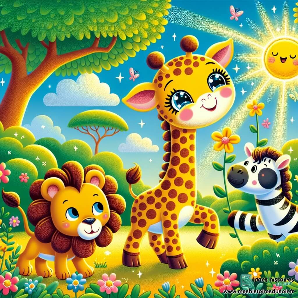 Gigi la girafe danse joyeusement sous le soleil, accompagnée de Léon le lion qui rugit doucement, et de Zouzou le zèbre qui trotte en riant. La scène se déroule dans une savane verdoyante avec des arbres majestueux et des fleurs colorées. Au centre, une fleur brillante attire tous les regards. Gigi et ses amis dansent autour de cette fleur magique, créant une atmosphère de bonheur et d'amitié.